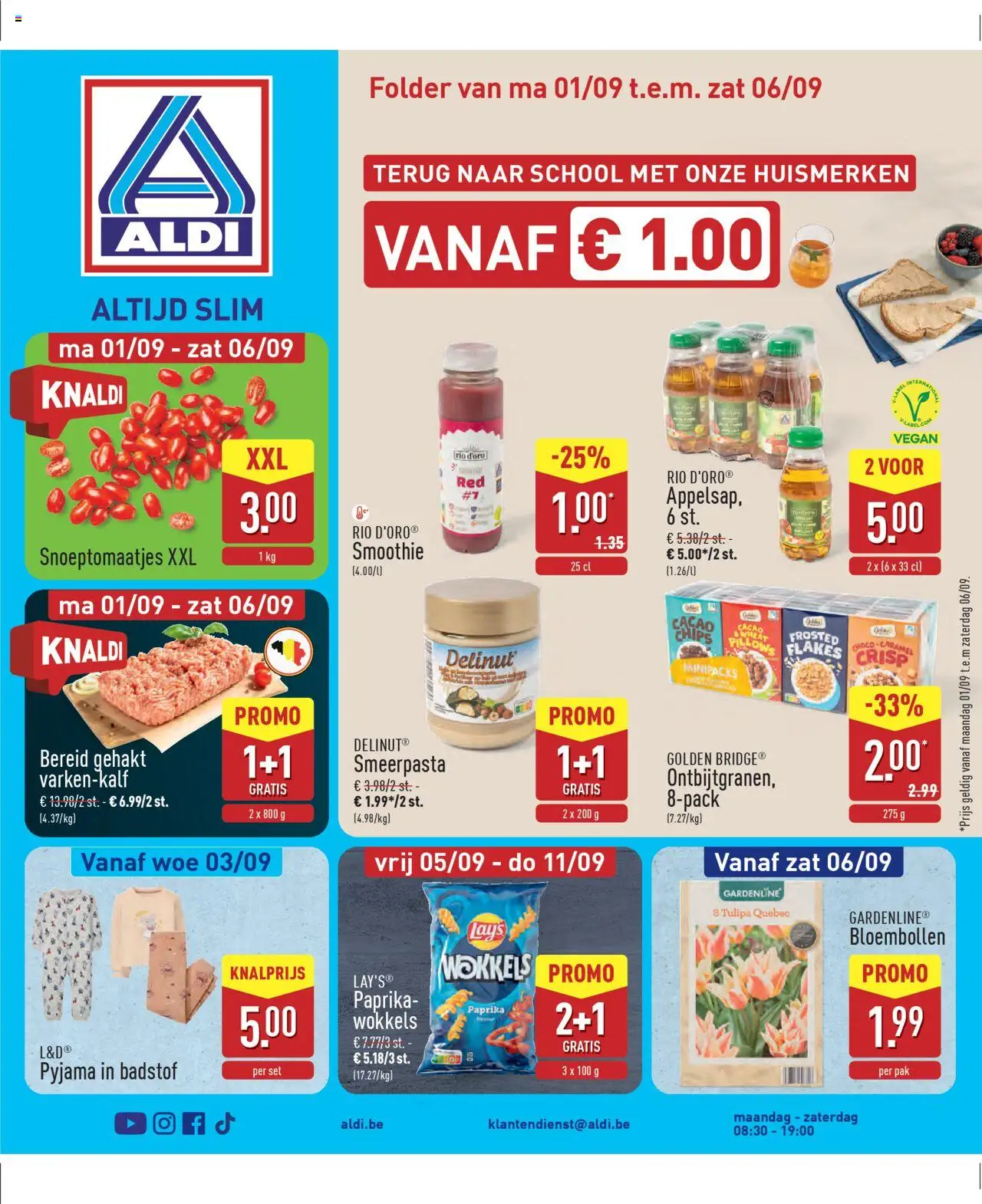 Voorbeeld van Folder week 36 van winkel Aldi geldig vanaf 01/09/2025 - Paprika, Chips, Smoothie, Pyjama, Cacao, Gehakt