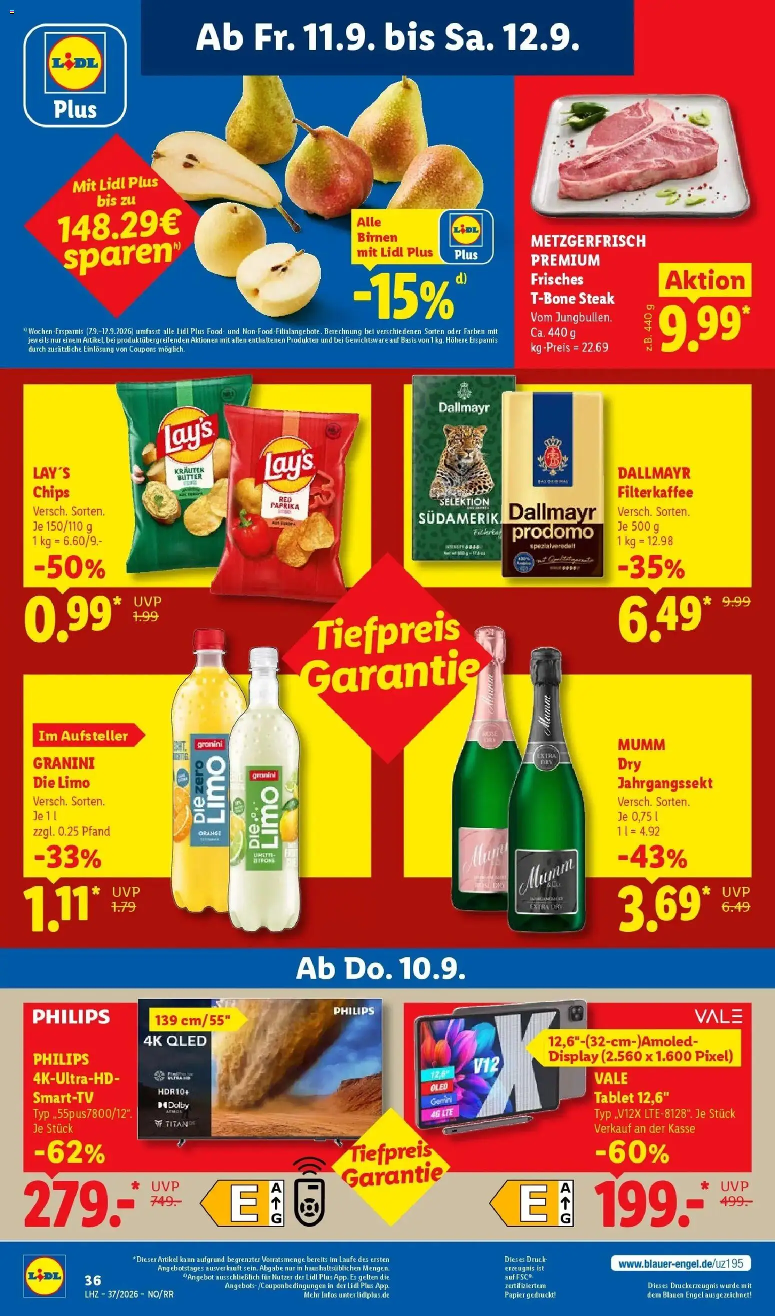 Vorschau von dem Prospekt des Geschäftes Lidl, gültig ab dem 07.09.2026 - Chips, Philips, Tablet, Steak, Dallmayr, Paprika, Granini, Granini die limo