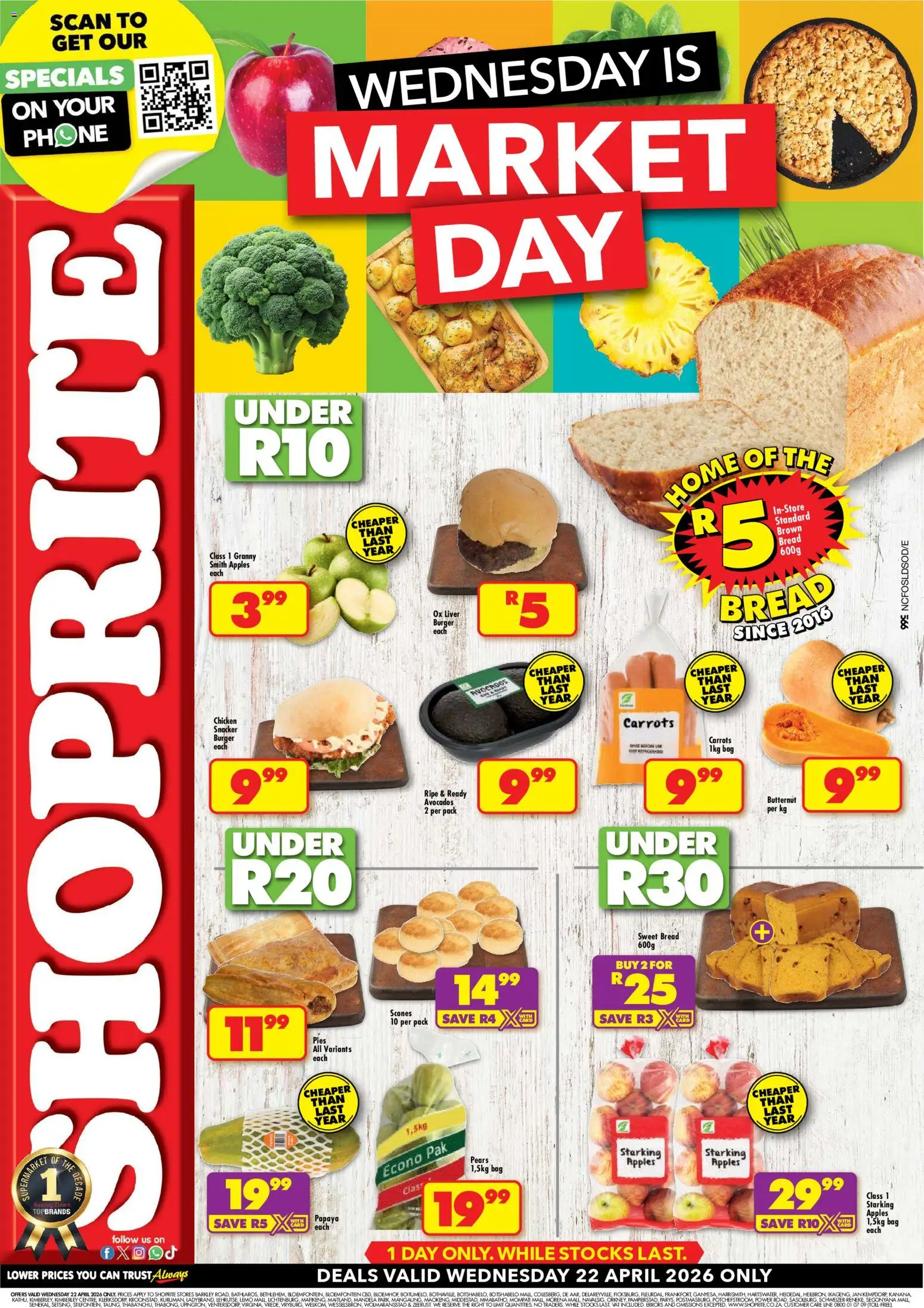 Preview of Shoprite flyer valid from 22/04/2026 - Apples, Phone, Chicken, Bag, Bread, Avocados, Liver, Pears