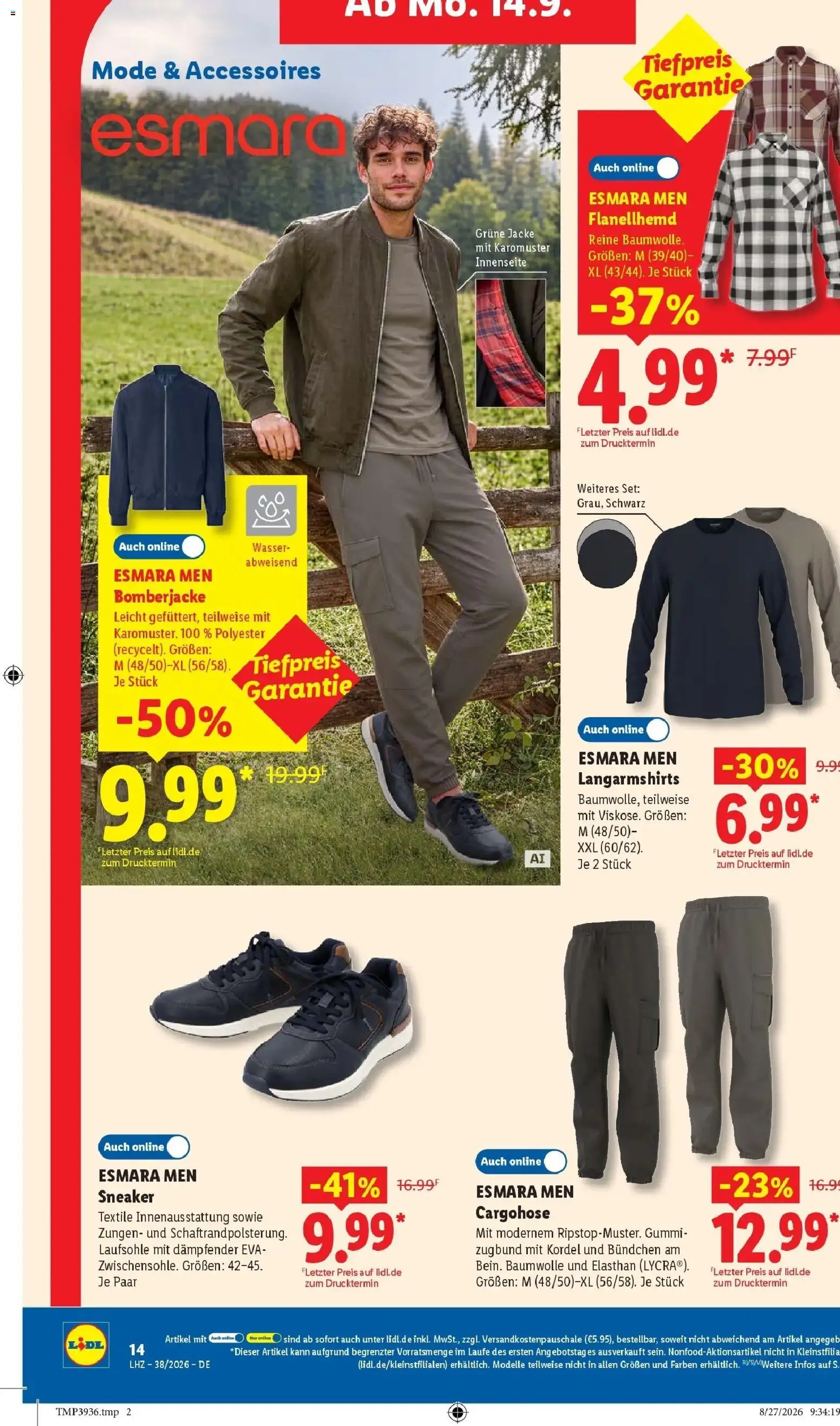 Vorschau von dem Prospekt des Geschäftes Lidl, gültig ab dem 14.09.2026 - Wasser, Bomberjacke, Jacke, Shirt, Cargohose
