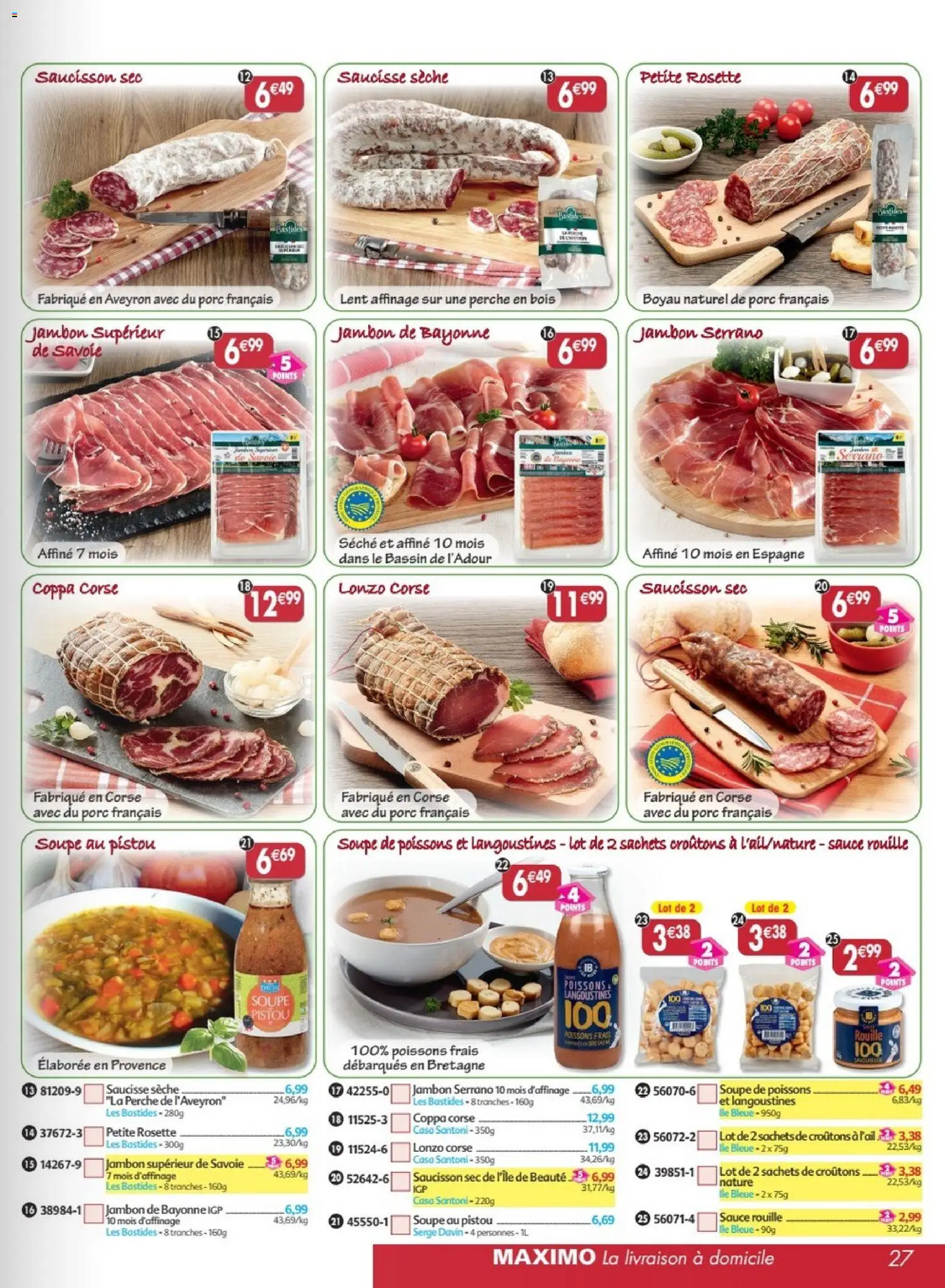 Prévisualisation de Maximo catalogue epicerie du magasin Maximo formulaire valide 24/08/2026 - Saucisson, Soupe, Saucisse, Porc, Rosette, Soupe de poissons, Saucisson sec, Jambon de Bayonne igp