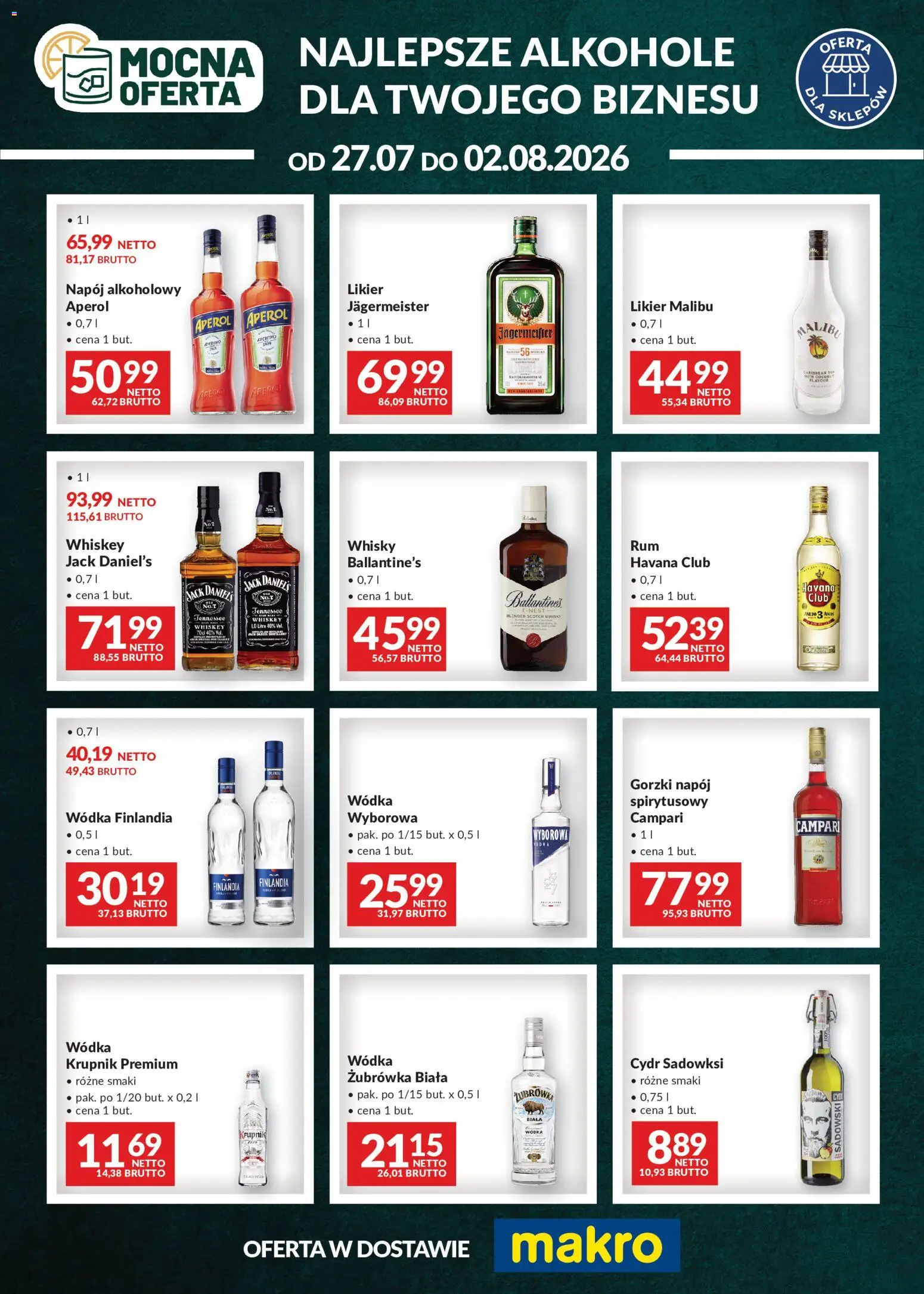 Pogląd gazetki "Makro gazetka - Mocna oferta" ze sklepu Makro ważnej od 27.07.2026 - Alkohole, Aperol, Krupnik, Whisky, Ballantines, Campari, Havana, Wódka finlandia