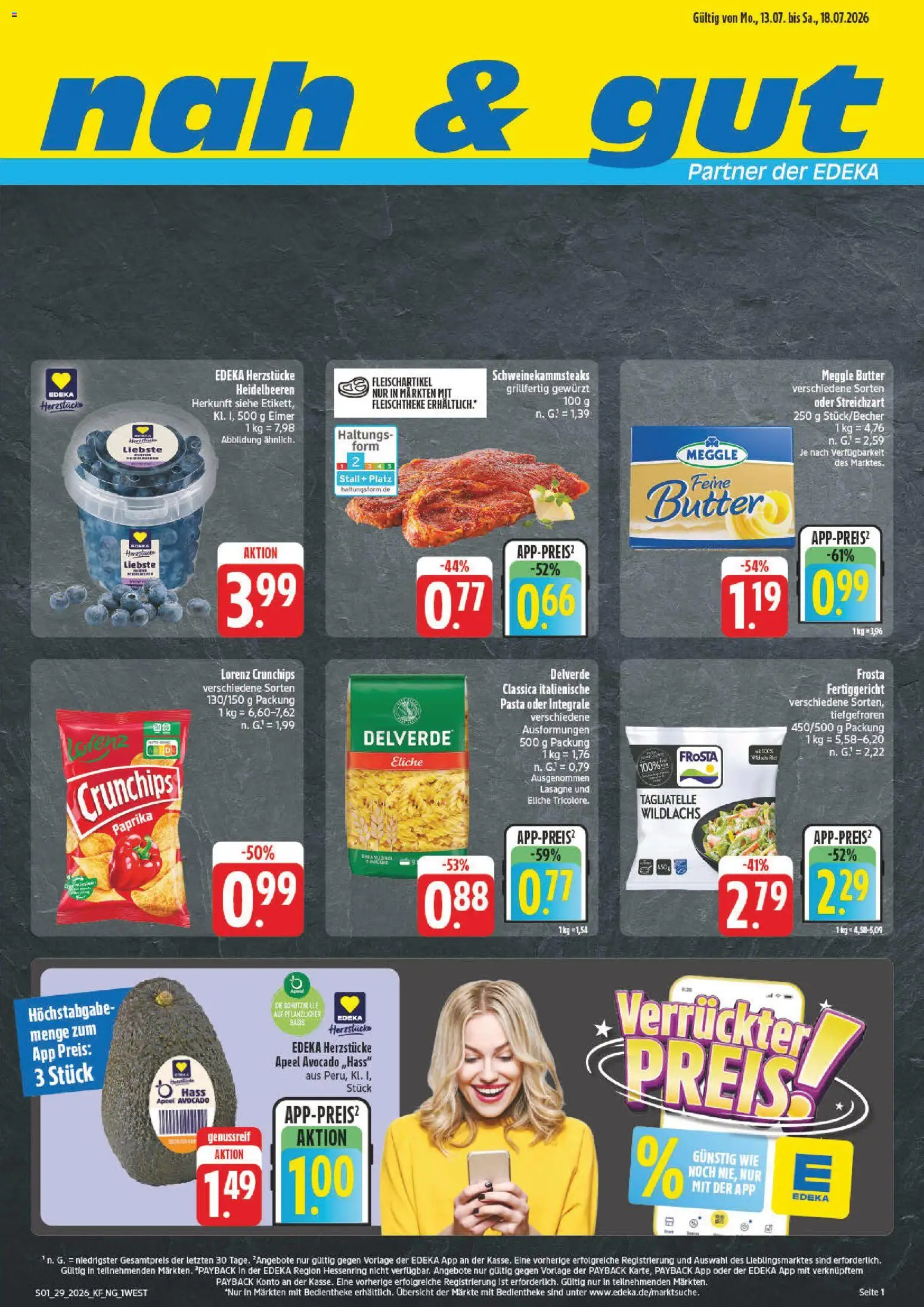 Vorschau von dem Prospekt des Geschäftes nah & gut, gültig ab dem 13.07.2026 - Butter, Pasta, Lasagne, Avocado, Heidelbeeren, Paprika, Frosta, Lorenz crunchips