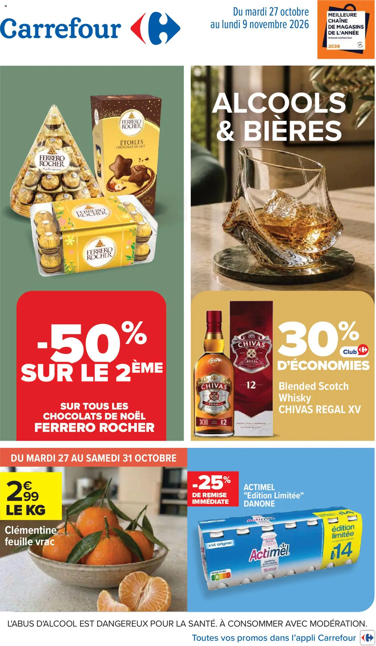 Prévisualisation de Carrefour Vos promos du quotidien du magasin Carrefour formulaire valide 27/10/2026 - Chocolat, Whisky, Ferrero rocher, Clémentine, Actimel, Alcools, Chocolats de noël, Chivas Regal