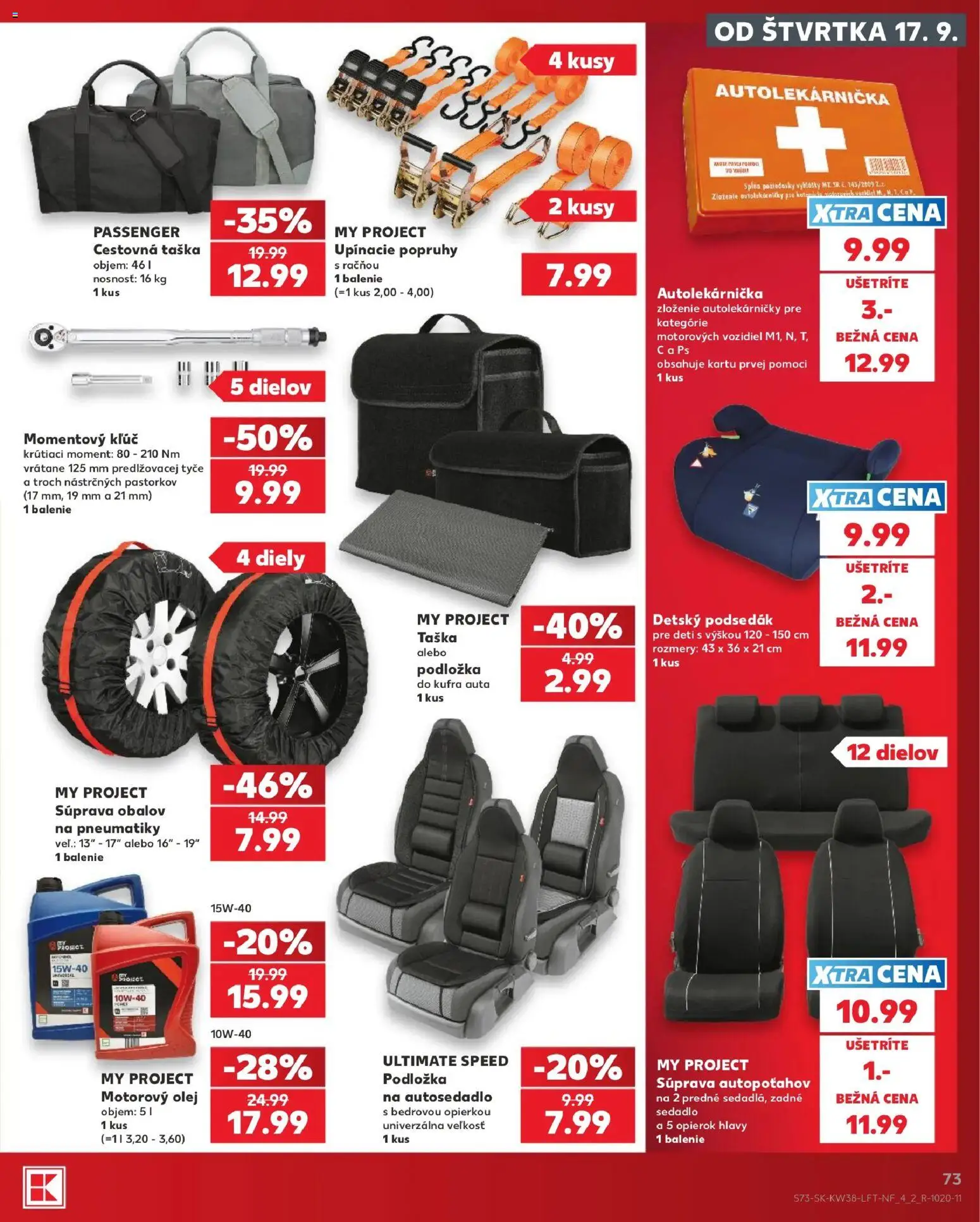 Náhľad Kaufland letáku platného od 17.09.2026 - Olej, Cestovná taška, Taška, Autolekárnička