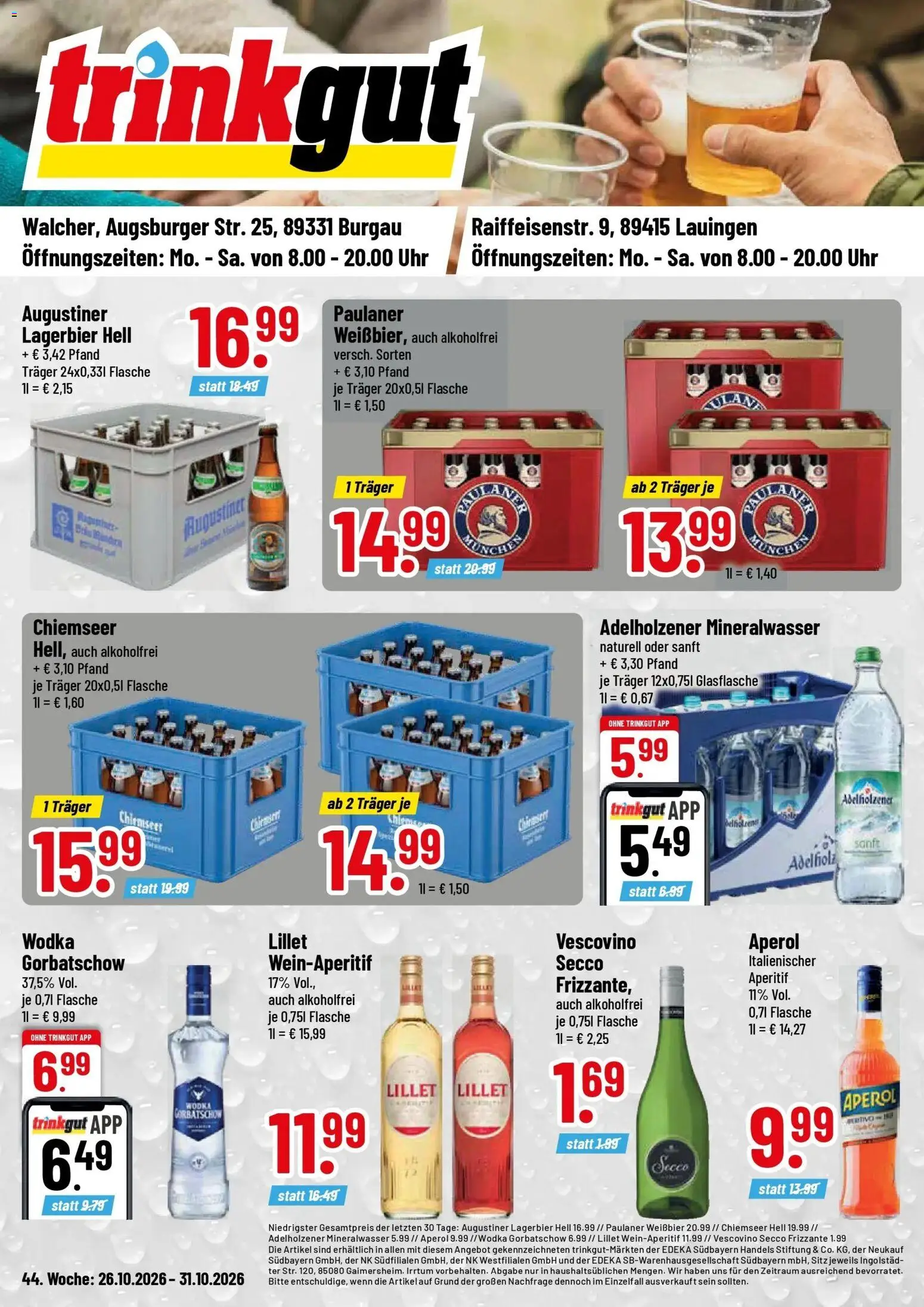 Vorschau von dem Prospekt des Geschäftes Trinkgut, gültig ab dem 26.10.2026 - Lillet, Uhr, Aperol, Mineralwasser, Paulaner, Wodka, Adelholzener, Weißbier