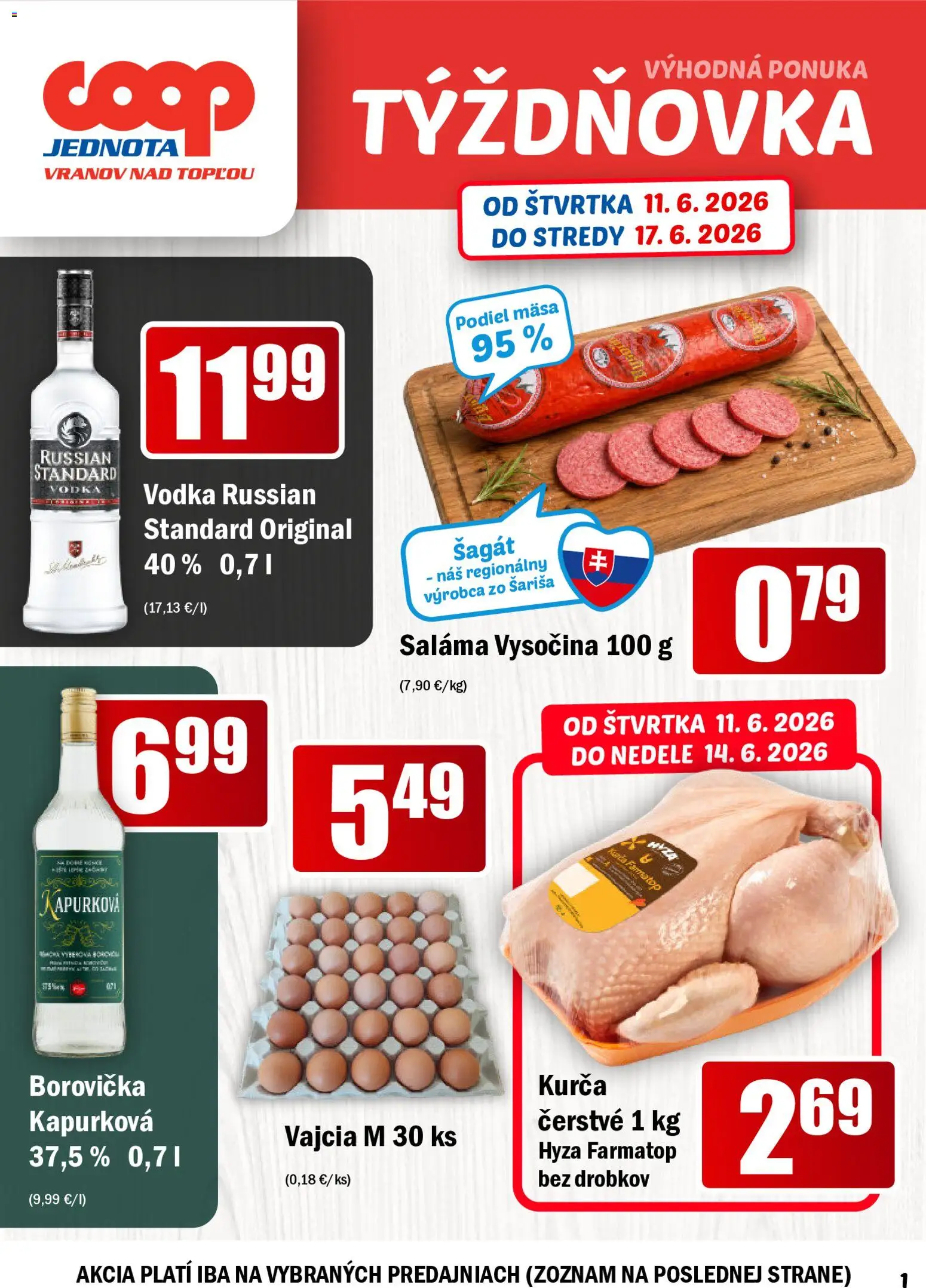 Náhľad COOP Jednota letáku platného od 11.06.2026 - Vodka, Borovička, Vajcia, Russian Standard, Saláma, Kurča, Vajcia M