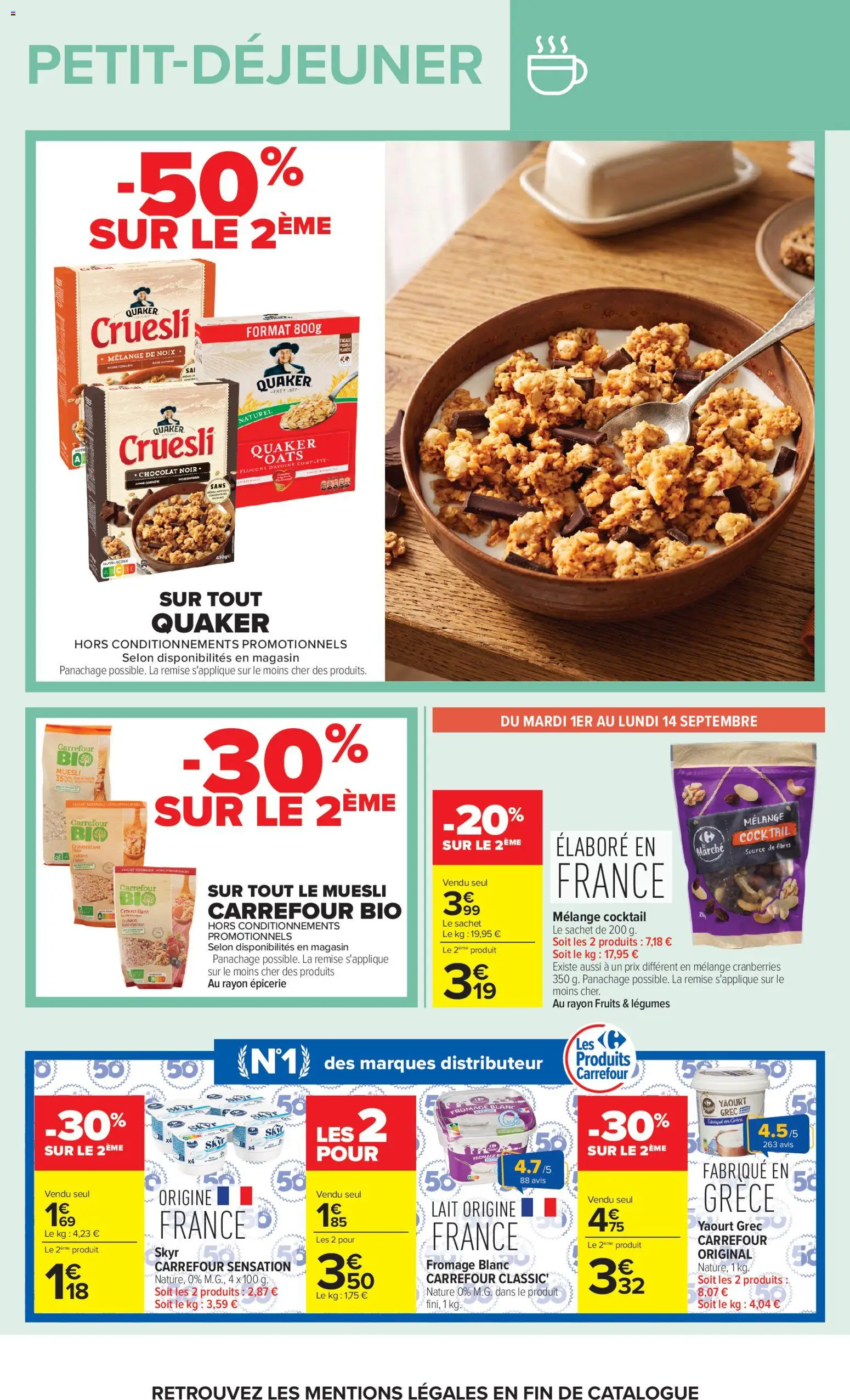Prévisualisation de Carrefour Market Petit dejeuner du magasin Carrefour Market formulaire valide 01/09/2026 - Skyr, Yaourt, Muesli, Yaourt grec, Fromage blanc, Chocolat noir, Mélange De Noix, Flocons d’avoine