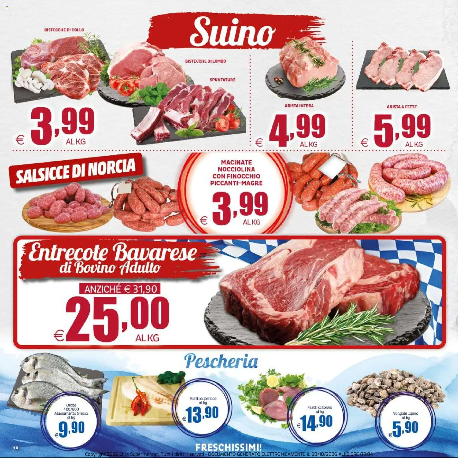 Anteprima dell'opuscolo Elite Supermercati volantino dal negozio Elite Supermercati valido da 30/10/2026 - Vongole, Tonno, Salsicce, Bovino, Suino, Collo