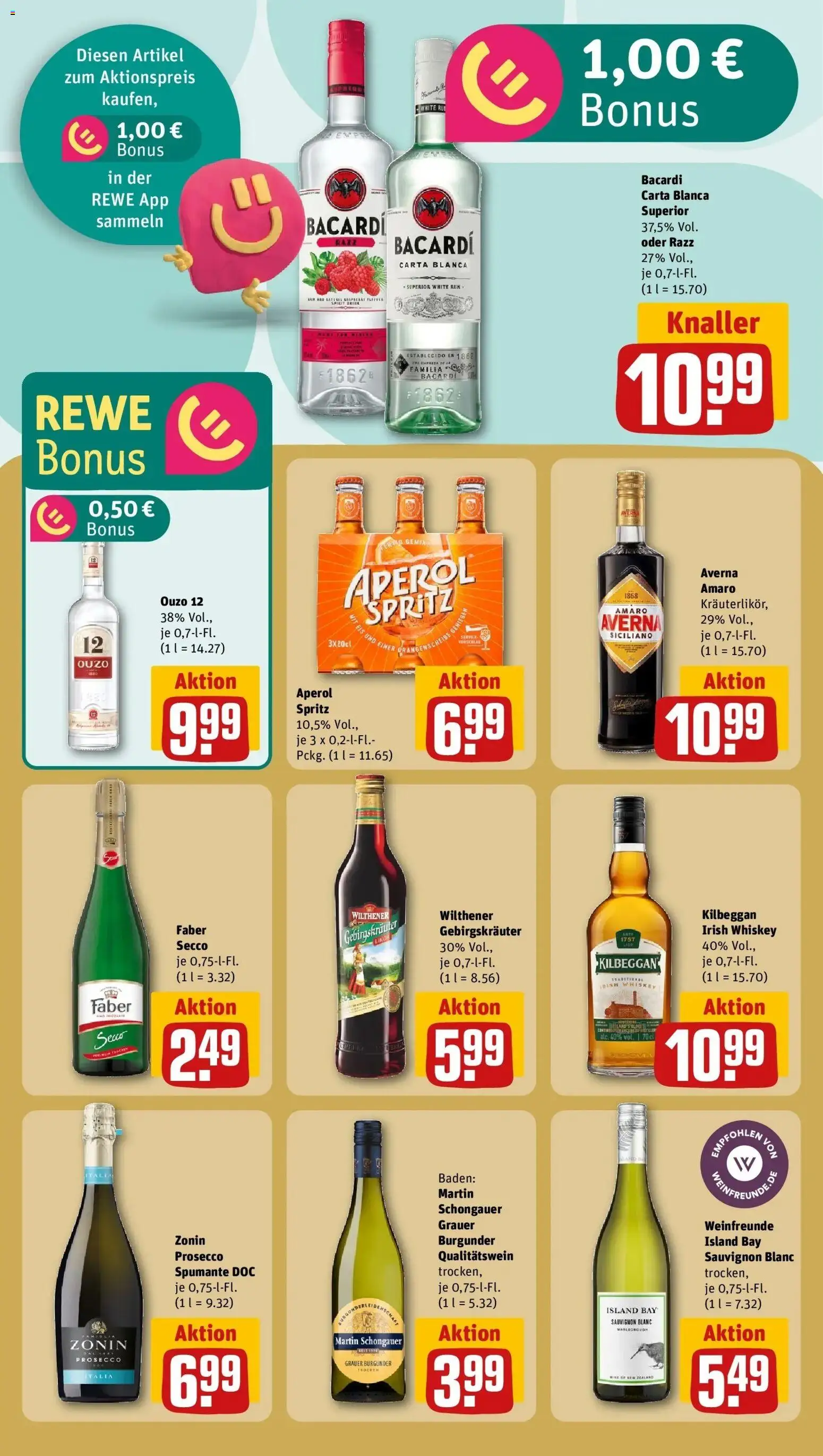 Vorschau von dem Prospekt des Geschäftes Rewe, gültig ab dem 05.04.2026 - Aperol, Bacardi, Prosecco, Ouzo, Whiskey, Ouzo 12, Wilthener gebirgskrauter, Wilthener