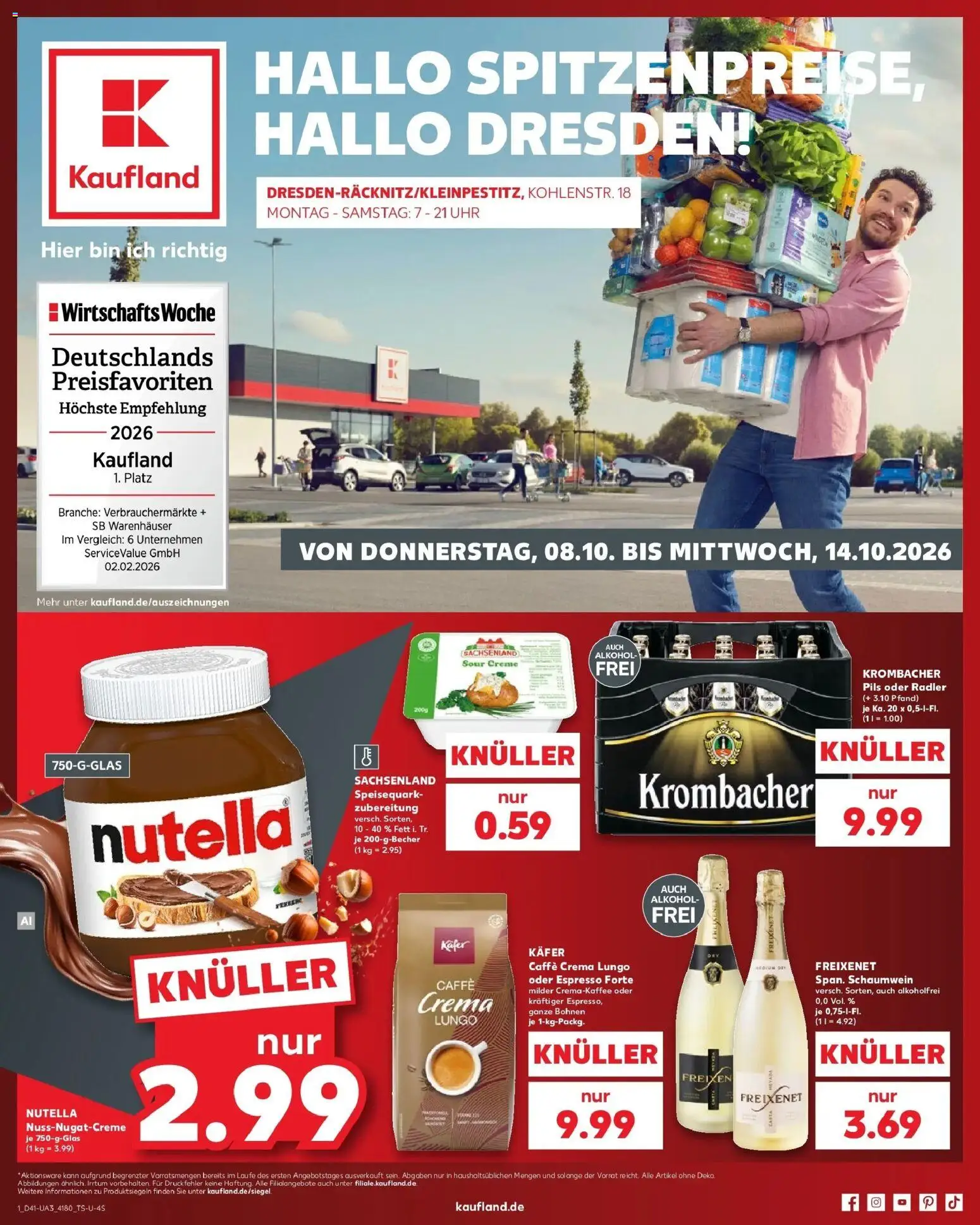 Vorschau von dem Prospekt des Geschäftes Kaufland, gültig ab dem 08.10.2026 - Uhr, Nutella, Alkohol, Krombacher, Radler, Creme, Speisequark, Pils