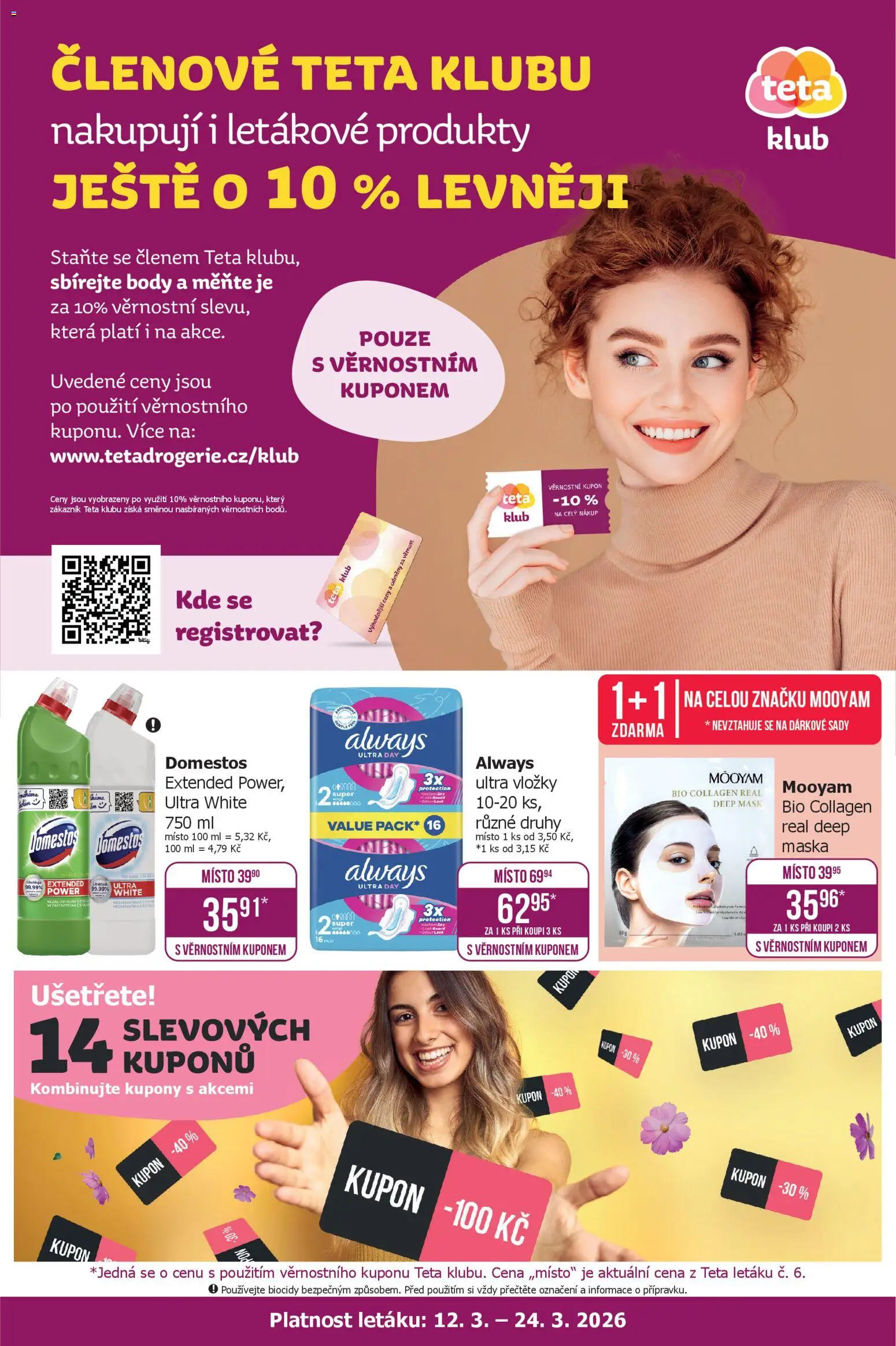 Náhled nabídky: TETA Drogerie TETA Drogerie leták - Klub platný od 12.03.2026 - Maska, Body, Vložky, Domestos