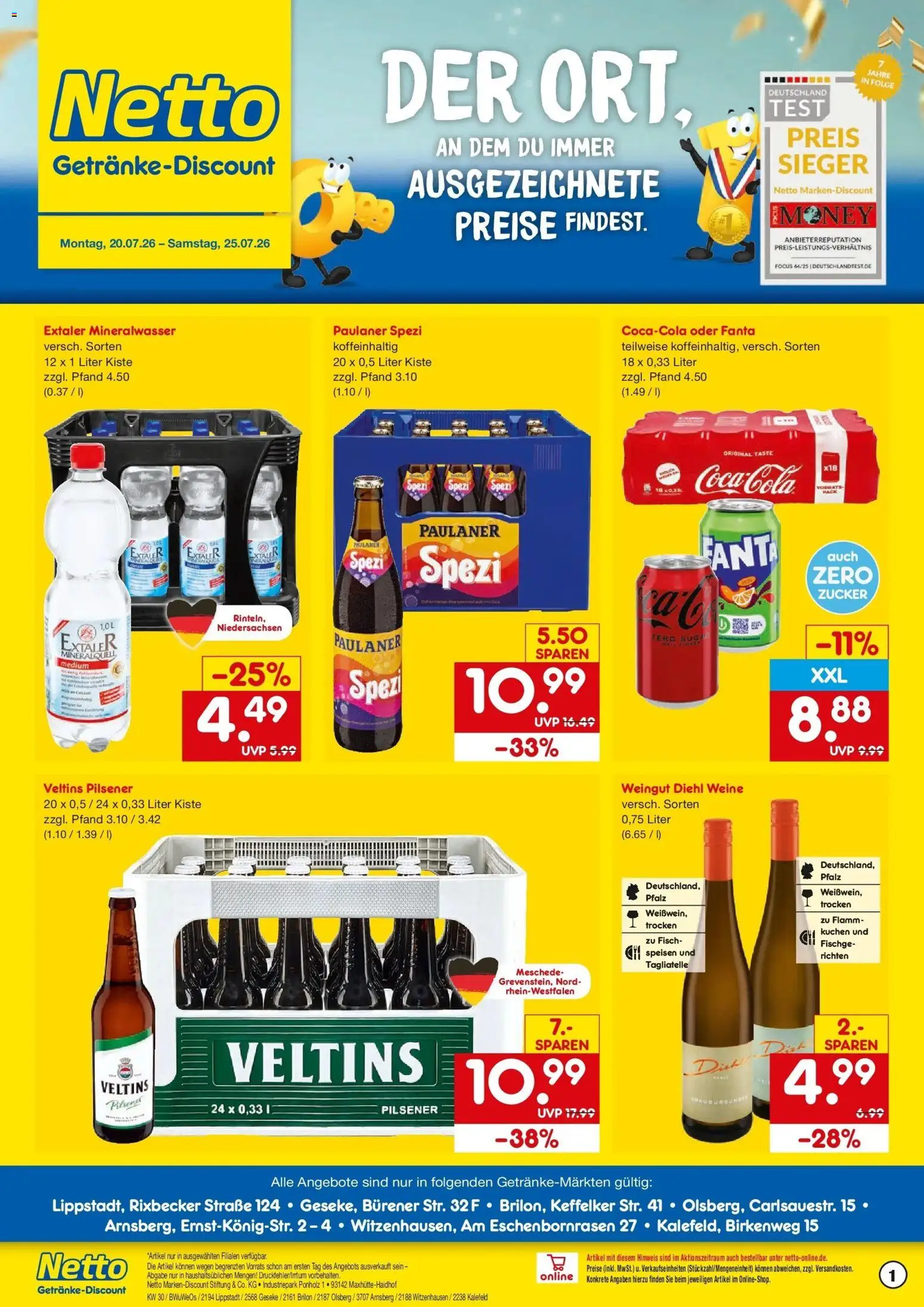 Vorschau von dem Prospekt des Geschäftes Netto Marken-Discount, gültig ab dem 20.07.2026 - Kuchen, Fisch, Mineralwasser, Paulaner spezi, Zucker, Paulaner, Fanta, Veltins