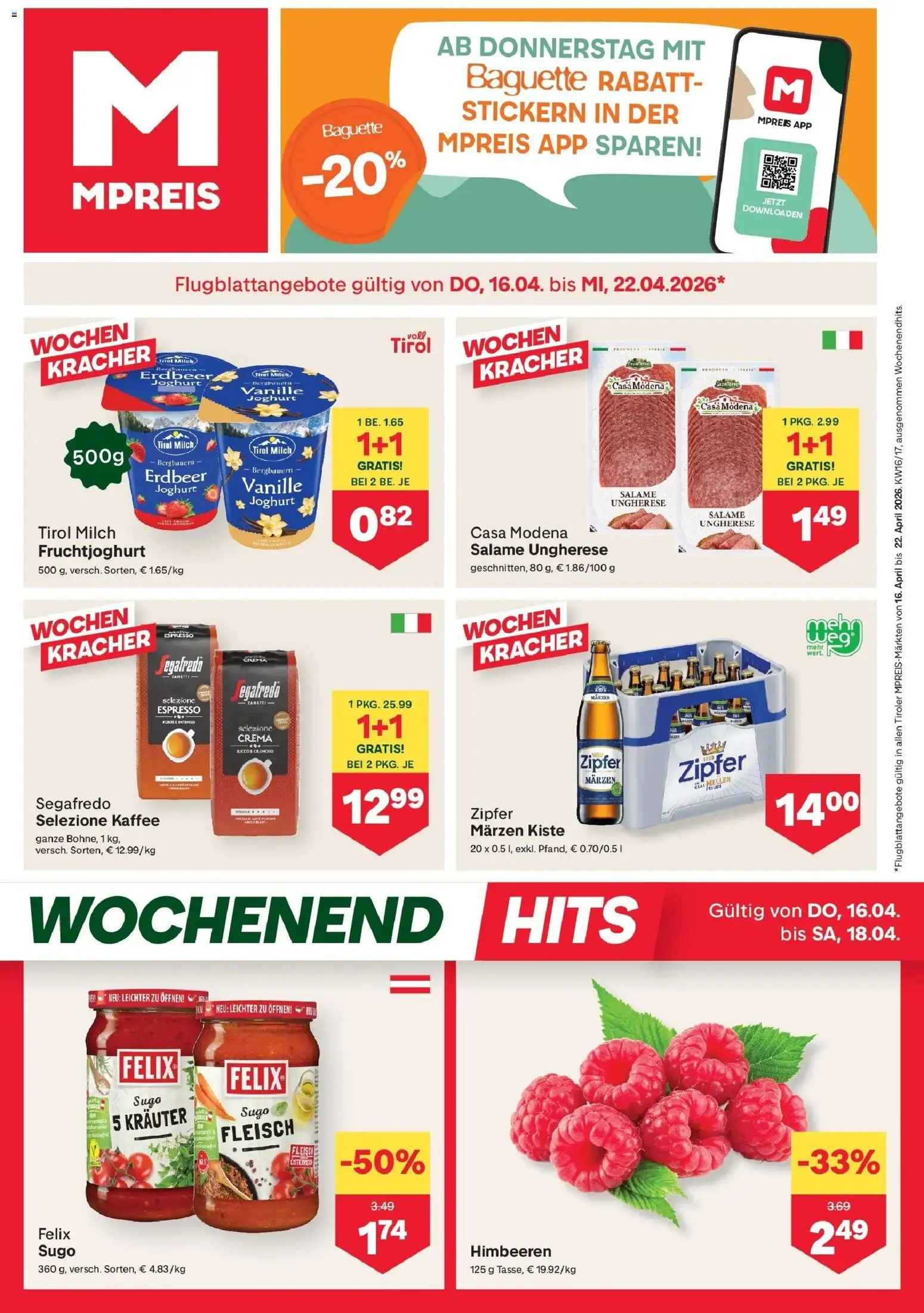 Vorschau der Angebote: MPREIS MPREIS Pfunds gültig ab 16.04.2026 - Kaffee, Baguette, Milch, Joghurt, Vanille