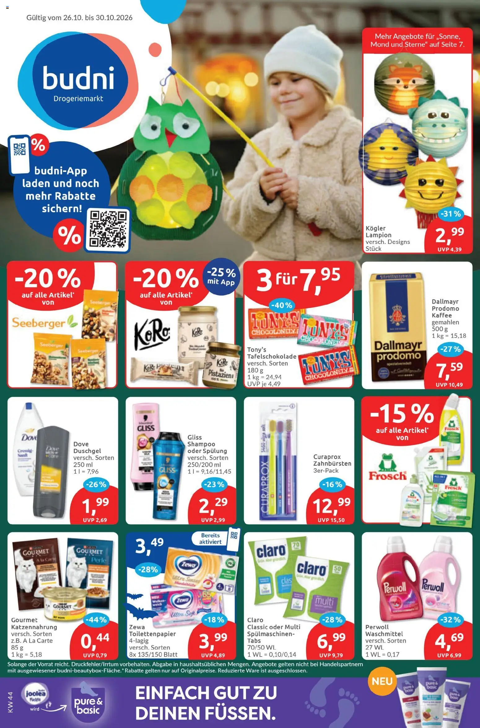Vorschau von dem Prospekt des Geschäftes Budni, gültig ab dem 26.10.2026 - Kaffee, Toilettenpapier, Dallmayr, Waschmittel, Duschgel, Perwoll, Zewa, Spülung