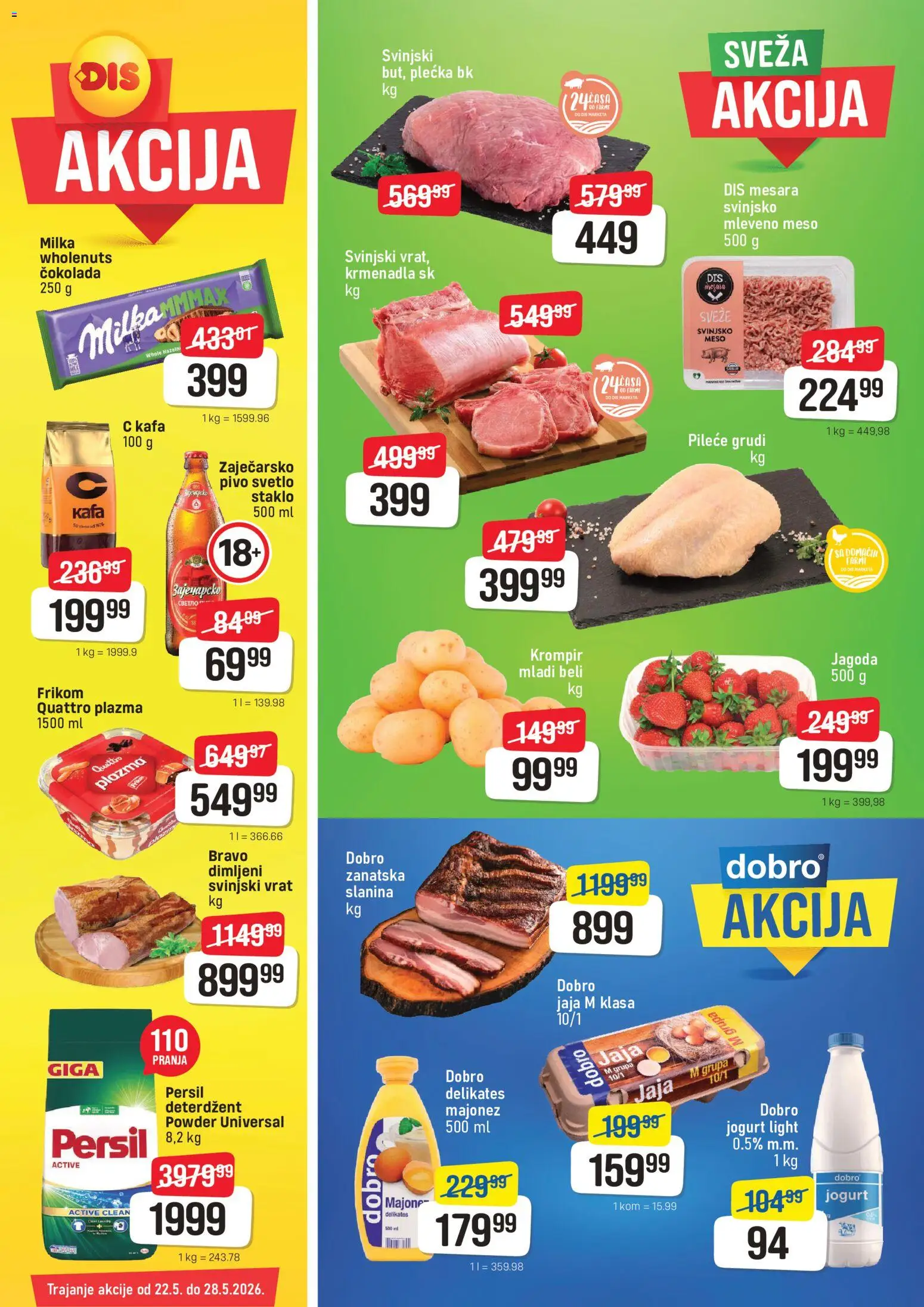 Pregled Super DIS kataloga - važi od 22.05.2026 - Krompir, Meso, Jogurt, Majonez, Mleveno meso, Zaječarsko pivo, Krmenadla, Vrat
