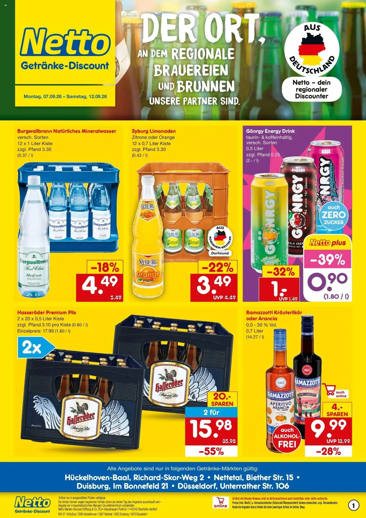 Vorschau von dem Prospekt des Geschäftes Netto Marken-Discount, gültig ab dem 07.09.2026 - Cola, Mineralwasser, Alkohol, Ramazzotti, Zucker, Zitrone, Hasseröder, Pils