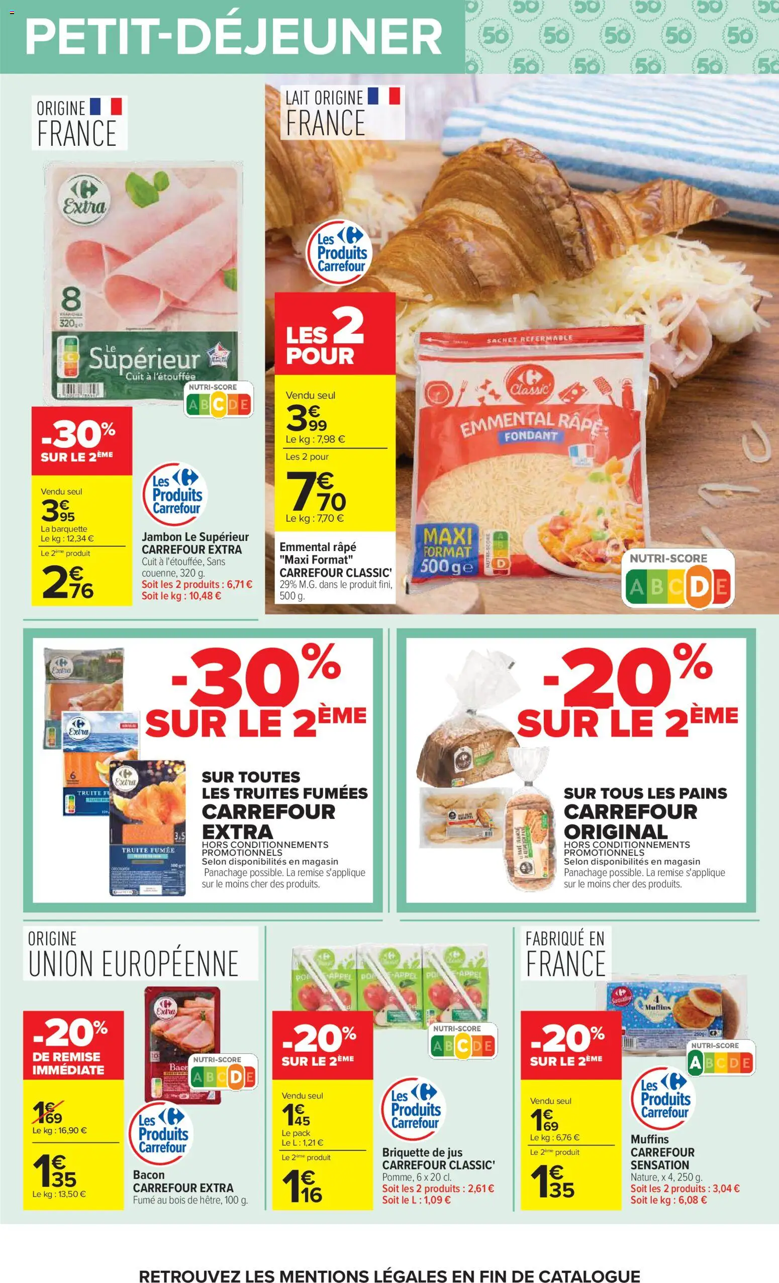 Prévisualisation de Carrefour Petit déjeuner du magasin Carrefour formulaire valide 03/11/2026 - Muffins, Lait, Jambon, Truite, Bacon, Emmental, Jus, Râpe