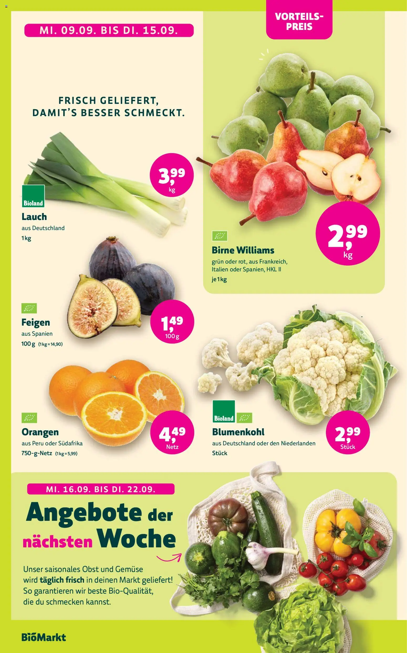 Vorschau von dem Prospekt des Geschäftes BioMarkt, gültig ab dem 09.09.2026 - Gemüse, Blumenkohl, Obst, Lauch, Birne, Feigen, Orangen