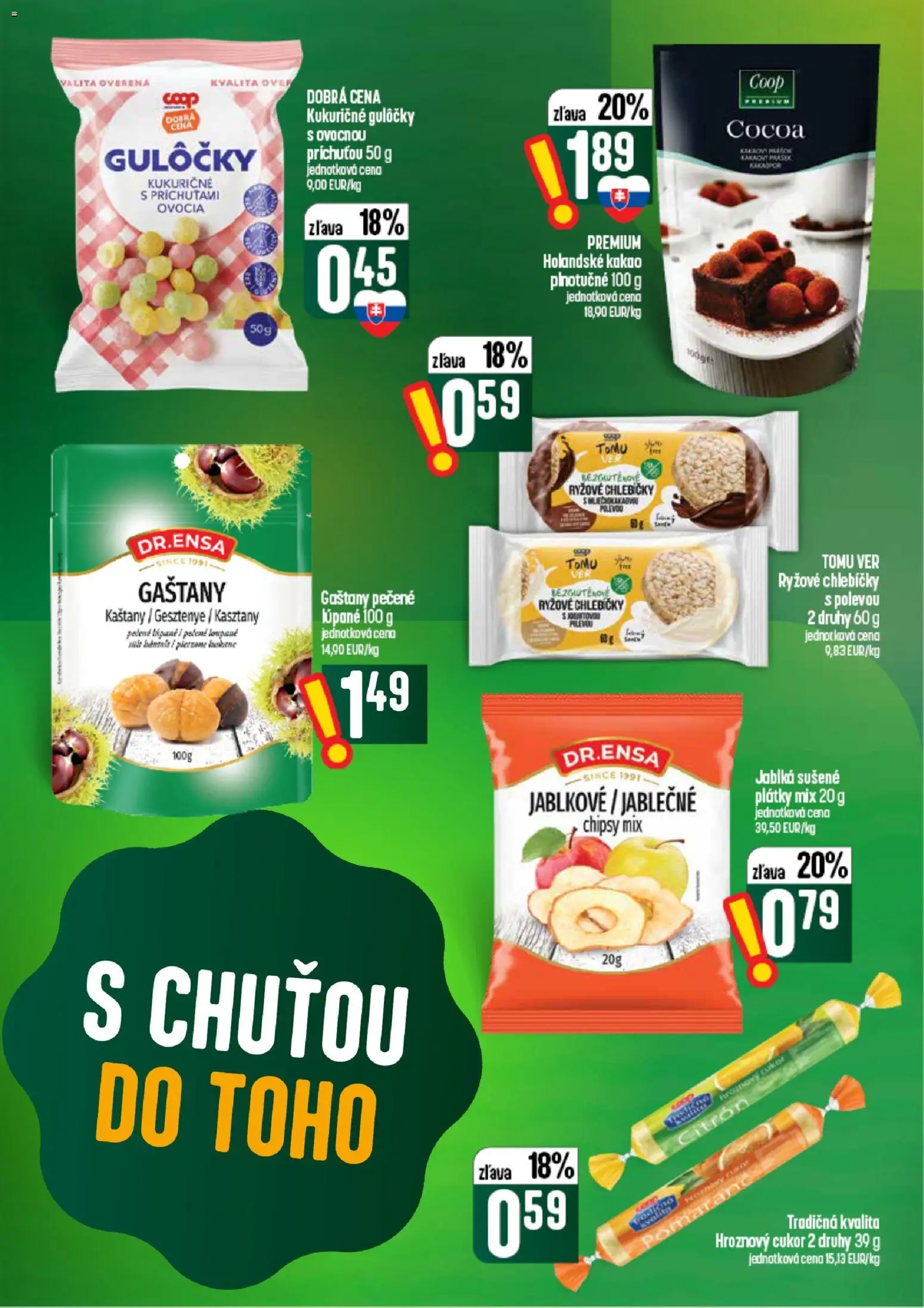 Náhľad COOP Jednota letáku platného od 10.09.2026 - Cukor, Kakao, Chipsy, Jablká, Hroznový cukor, Gaštany, Holandské kakao, Ryžové chlebíčky
