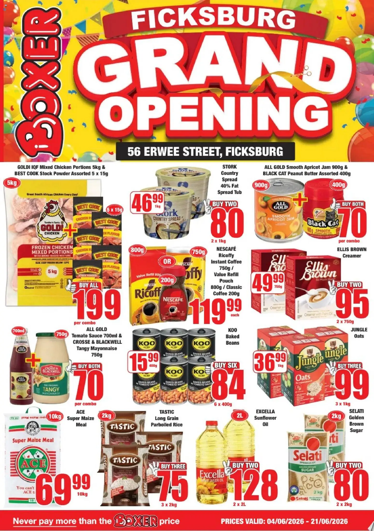 Preview of Boxer flyer valid from 04/06/2026 - Coffee, Beans, Maize meal, Baked beans, Sauce, Powder, Instant coffee, Fat spread