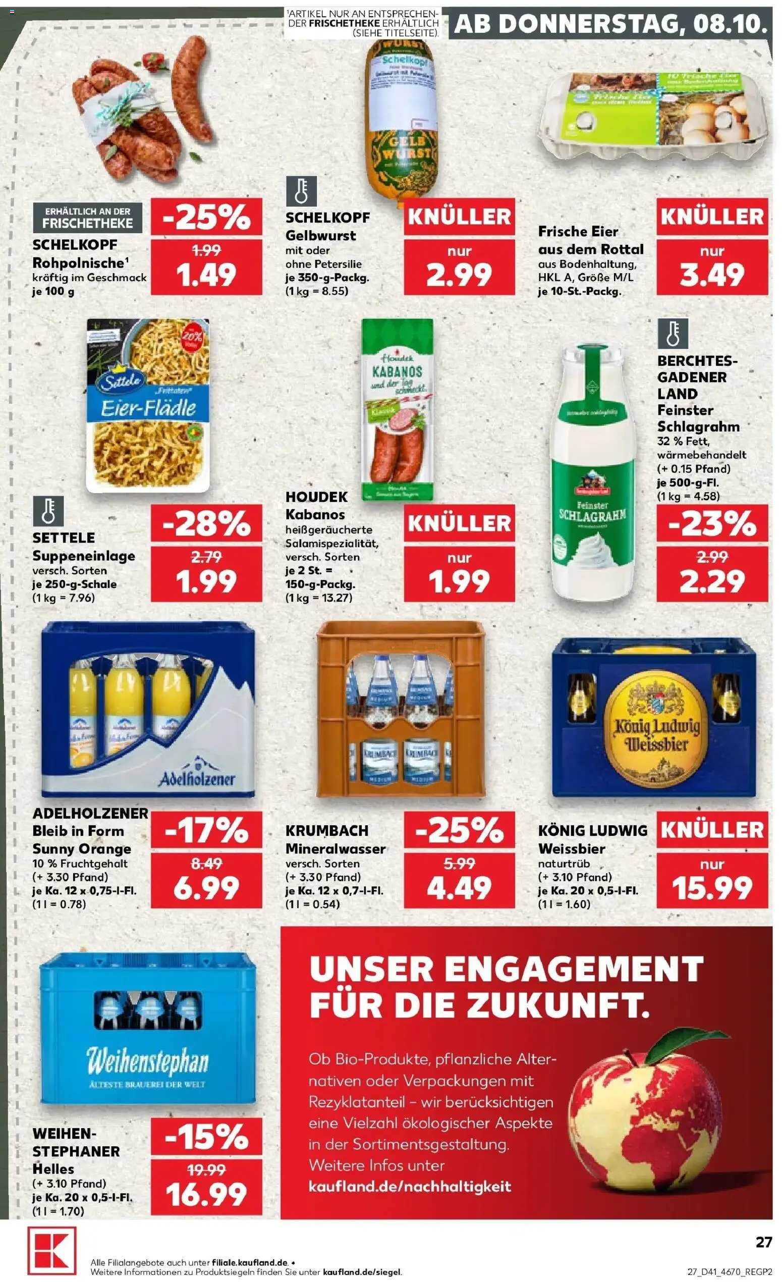 Vorschau von dem Prospekt des Geschäftes Kaufland, gültig ab dem 08.10.2026 - Wurst, Mineralwasser, Petersilie, Eier, Adelholzener, Weißbier