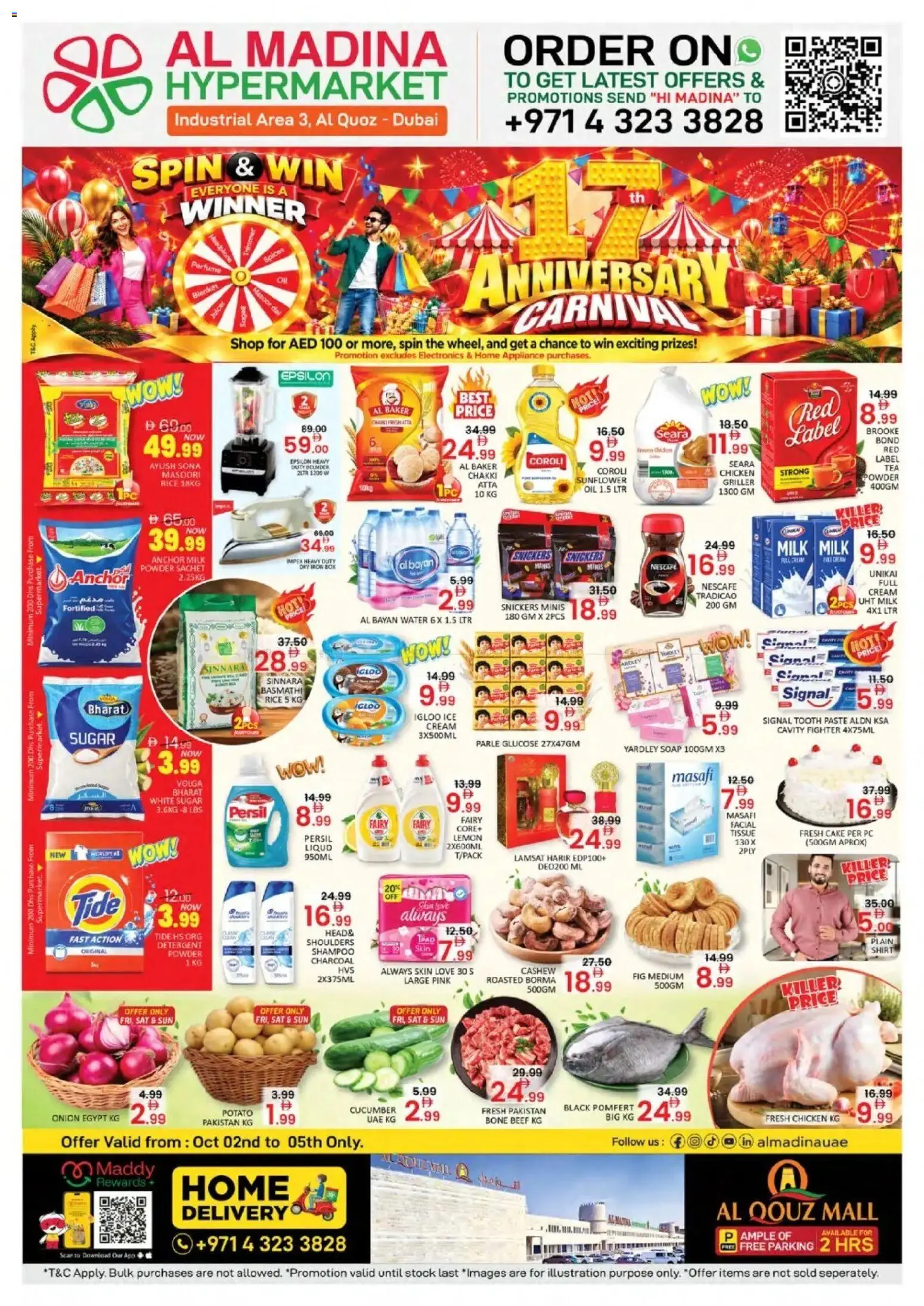 Preview of the catalogue Al Madina Anniversary Carnival of store Al Madina valid from 2 Oct, 2026 - Chicken, Water, Milk, Blanket, Spices, Soap, Detergent, Powder