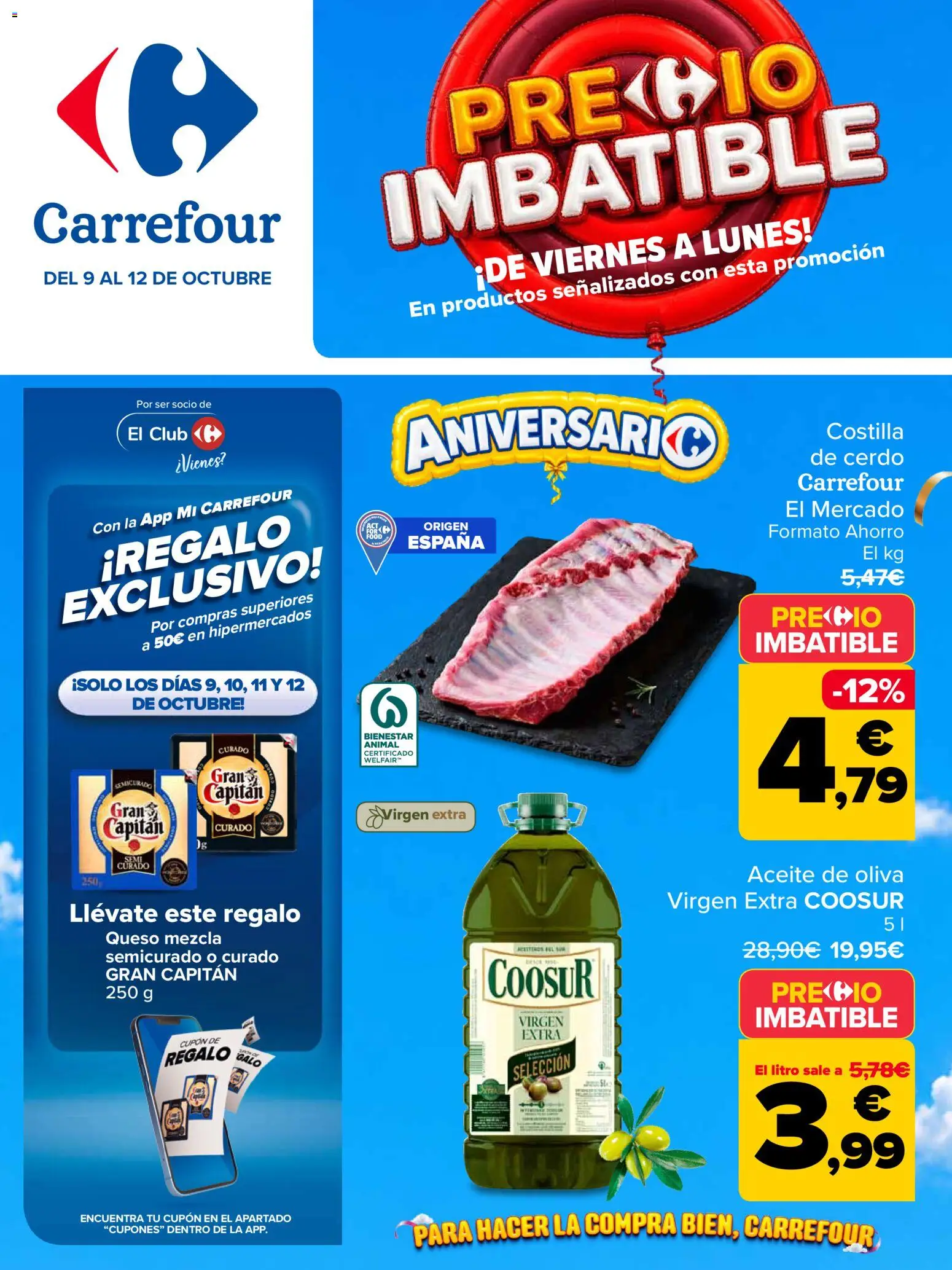 Vista previa del folleto de la tienda Carrefour válido desde el 09/10/2026 - Aceite de oliva, Queso, Aceite, Cerdo, Aceite de oliva virgen extra, Costilla de cerdo