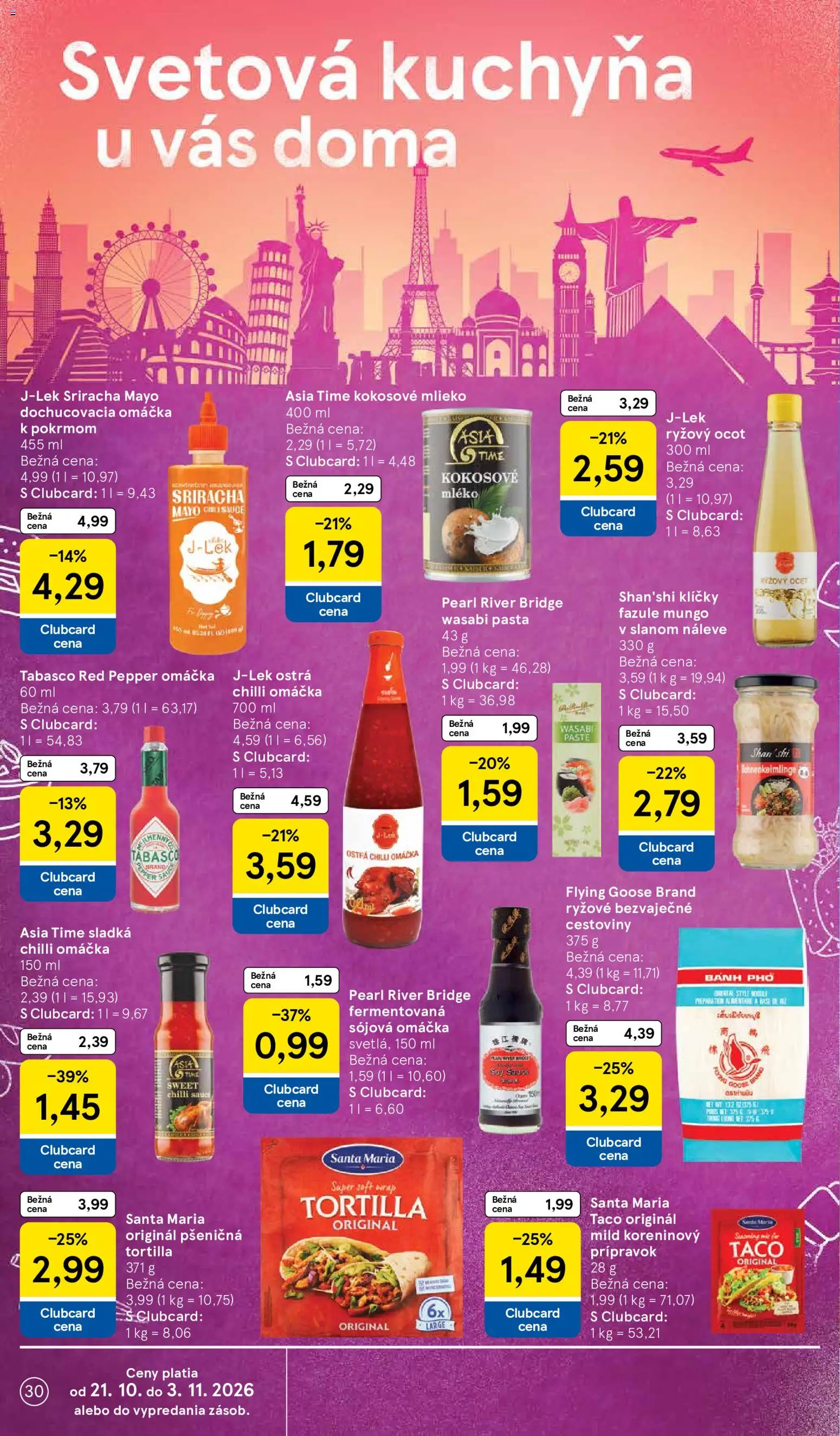 Náhľad Tesco letáku platného od 21.10.2026 - Kuchyňa, Cestoviny, Mlieko, Svetlá, Chilli, Ryžový ocot, Kokosové mlieko, Sójová omáčka
