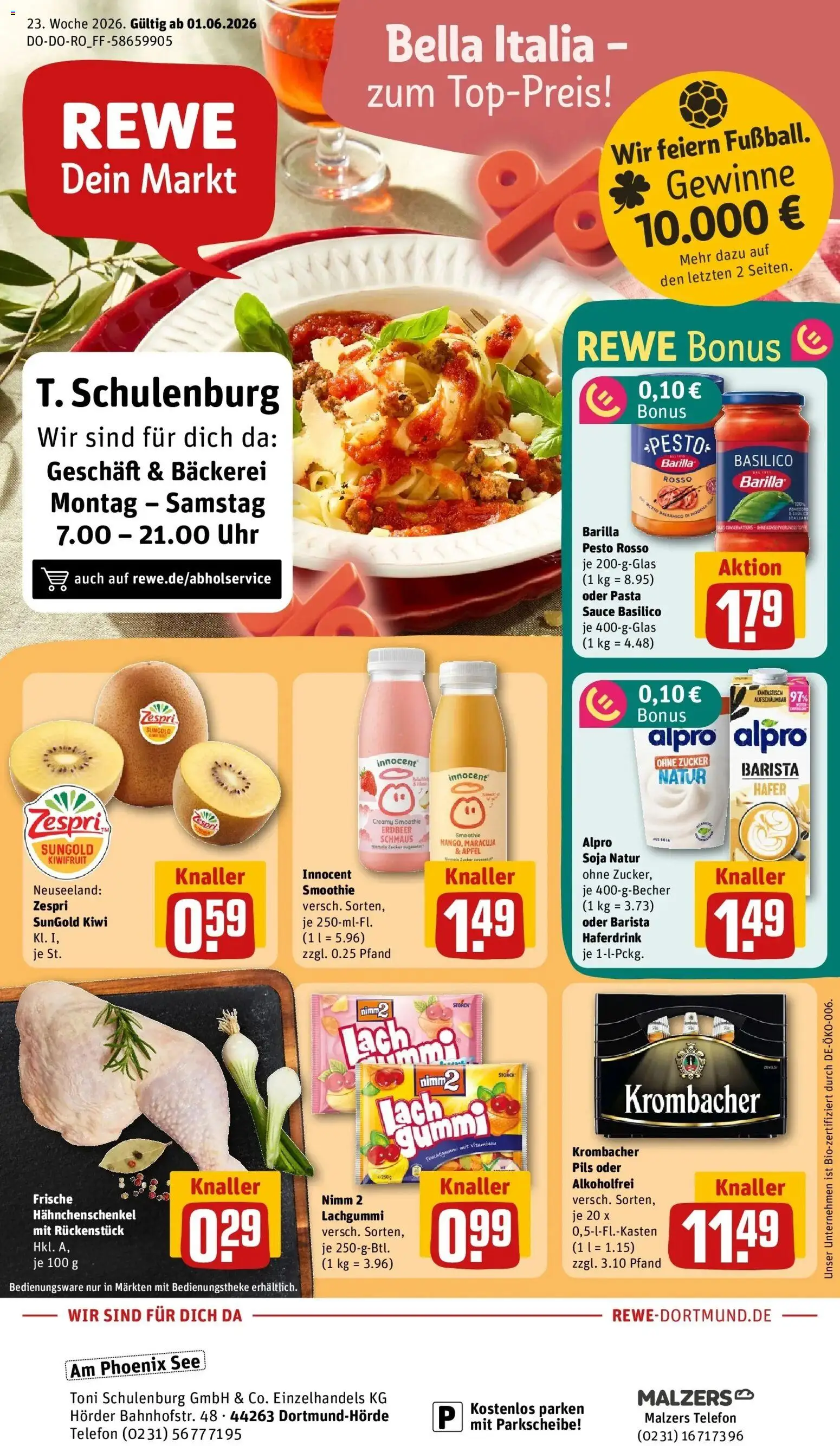 Vorschau von dem Prospekt des Geschäftes Rewe, gültig ab dem 01.06.2026 - Telefon, Äpfel, Krombacher, Hahnchenschenkel, Barilla pesto, Alpro, Pils, Haferdrink