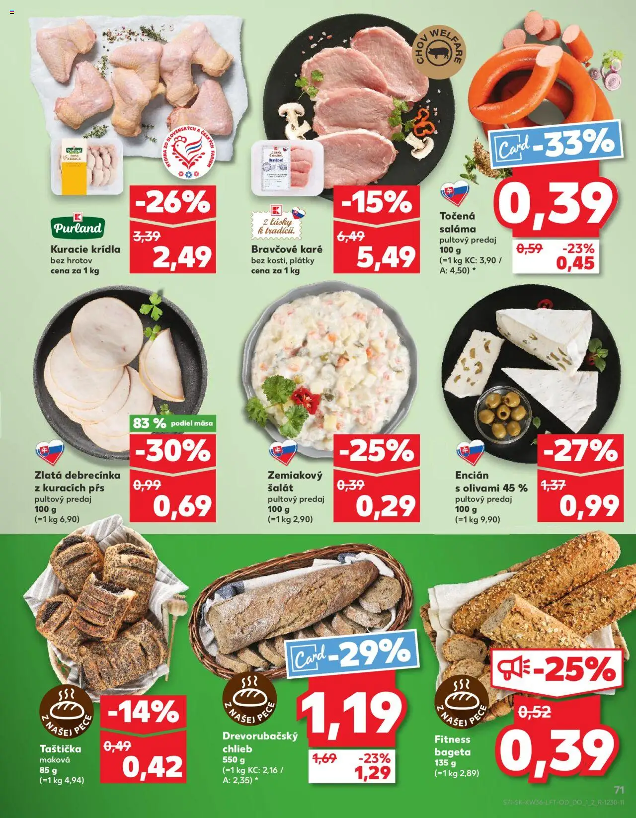 Náhľad Kaufland letáku platného od 04.09.2025 - Bravčové karé, Šalát, Chlieb, Pec, Kuracie krídla, Saláma, Encián