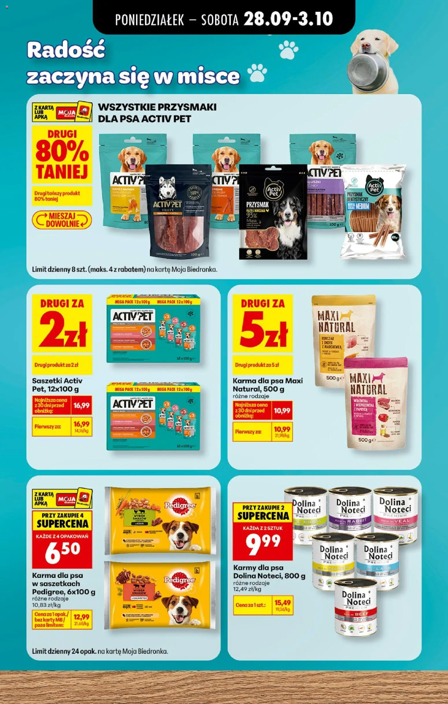 Pogląd gazetki "Biedronka gazetka - Petfood" ze sklepu Biedronka ważnej od 28.09.2026 - Indyk, Marchewka, Wołowina, Karta, Wieprzowina, Pedigree, Przysmaki dla psa, Maxi Natural karma dla psa