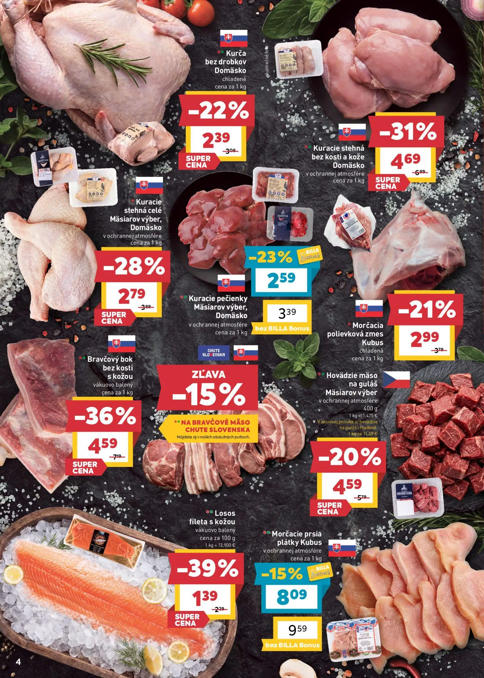 Náhľad Billa letáku platného od 07.10.2026 - Kuracie stehná, Hovädzie mäso, Morčacie prsia, Bravčové mäso, Bravčový bok, Stehná, Bravčový bok bez kosti, Bok bez kosti
