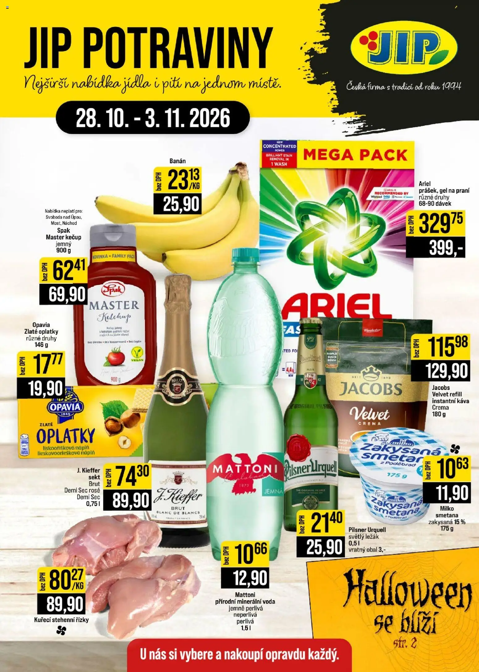 Náhled nabídky: Jip Jip leták - Cash & Carry platný od 28.10.2026 - Potraviny, Káva, Voda, Pilsner, Instantní káva, Kuřecí stehenní řízky, Jacobs velvet, Crema