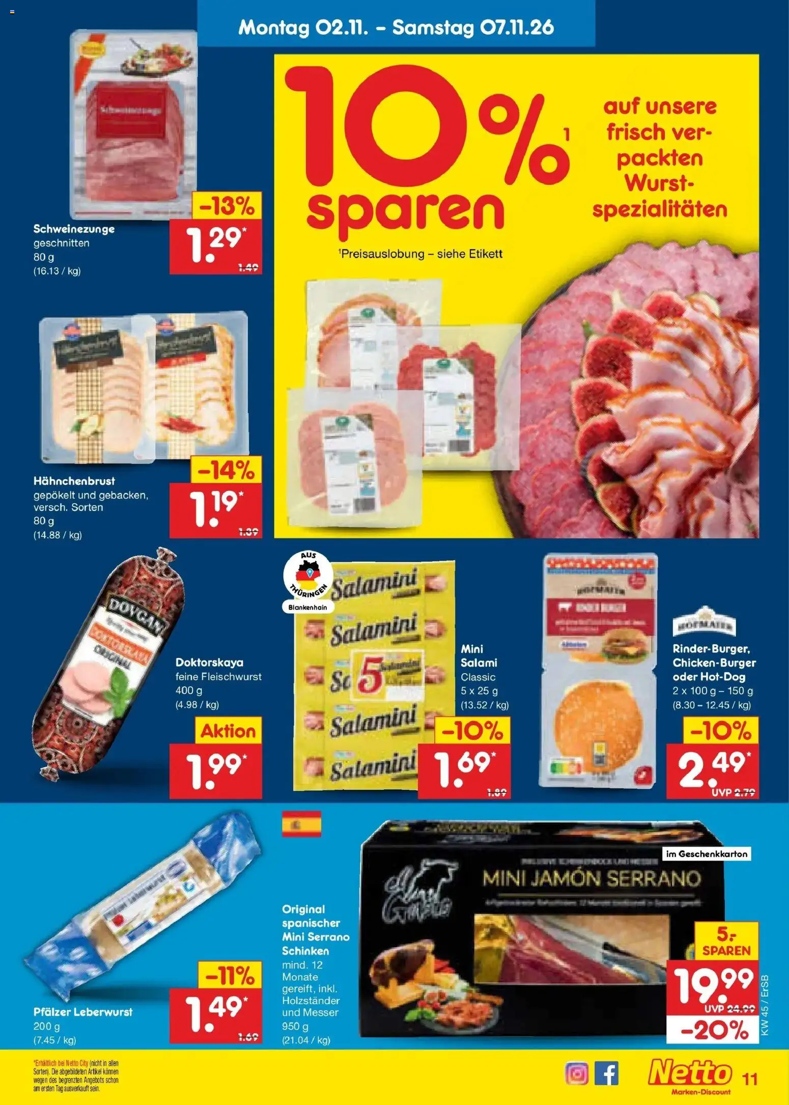 Vorschau von dem Prospekt des Geschäftes Netto Marken-Discount, gültig ab dem 02.11.2026 - Wurst, Salami, Schinken, Serrano schinken, Spezialitäten, Hahnchenbrust