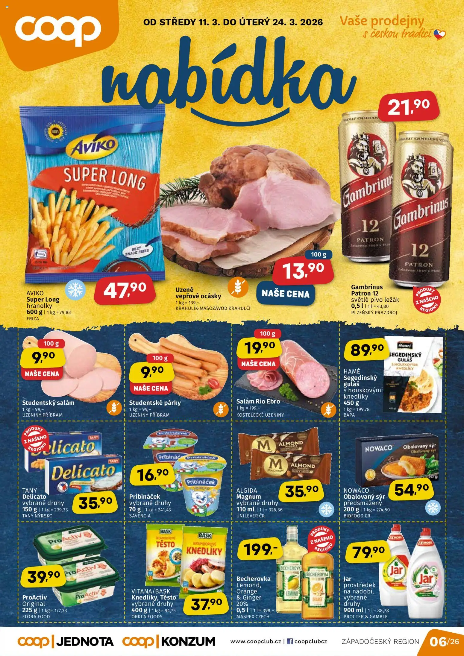 Náhled nabídky: Coop Coop leták - Západočeský region platný od 11.03.2026 - Pivo, Sýr, Becherovka, Magnum, Gambrinus, Pribináček, Těsto, Uzeniny
