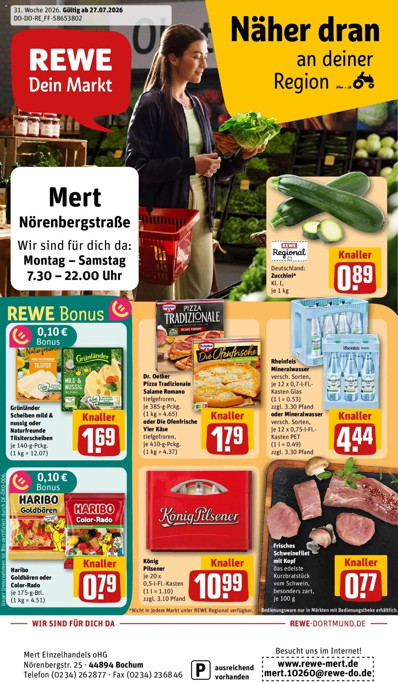 Vorschau von dem Prospekt des Geschäftes Rewe, gültig ab dem 27.07.2026 - Pizza, Uhr, Telefon, Käse, Haribo, Mineralwasser, Schweinefilet, Ofenfrische