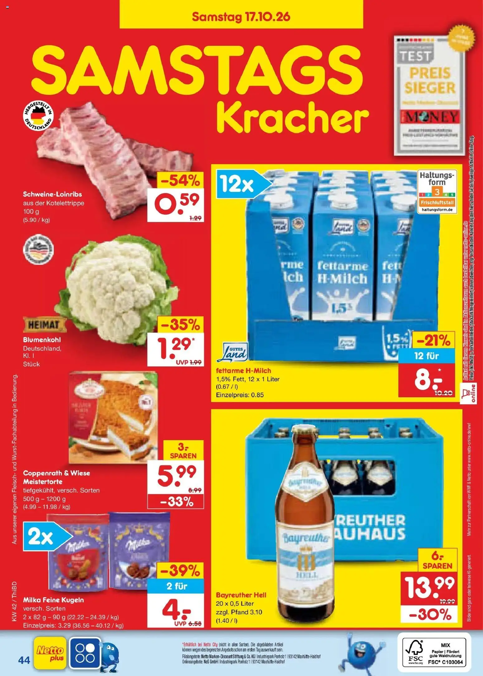 Vorschau von dem Prospekt des Geschäftes Netto Marken-Discount, gültig ab dem 12.10.2026 - Bilder, Blumenkohl, Fleisch, Milka, Bayreuther hell