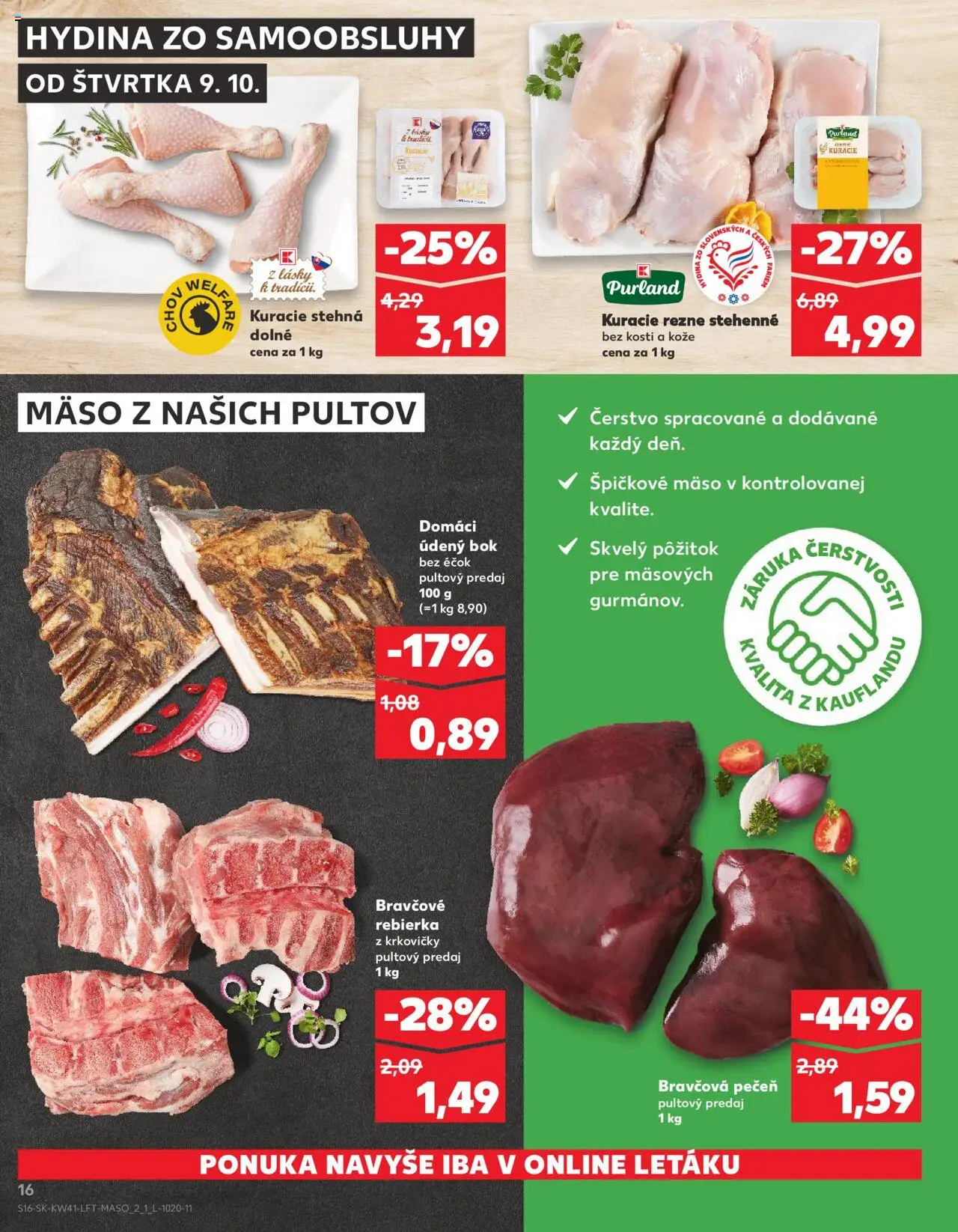 Náhľad Kaufland letáku platného od 09.10.2025 - Mäso, Pečeň, Kuracie stehná, Kuracie rezne, Bravčová pečeň