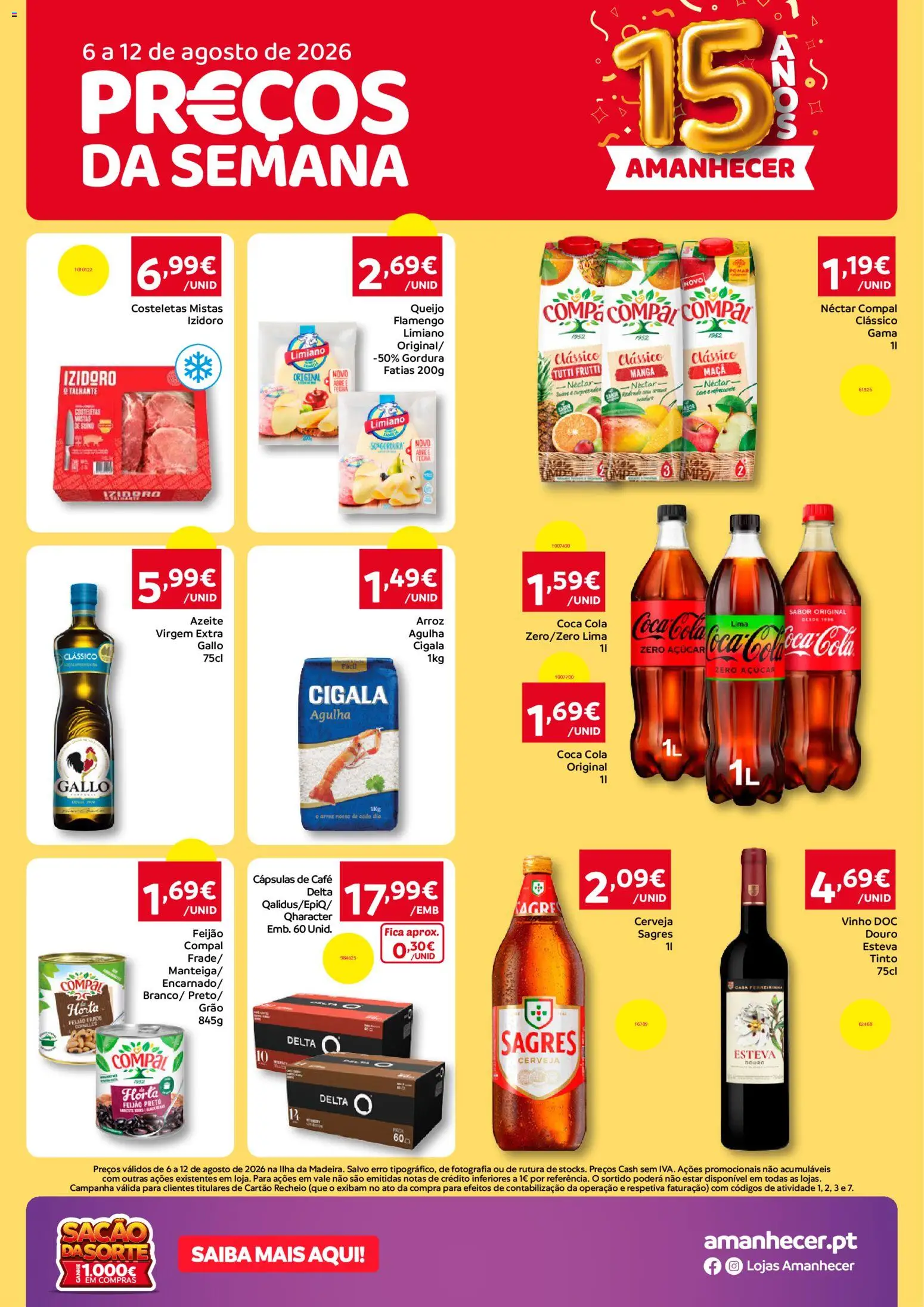 Pré-visualização do folheto da loja Amanhecer válida a partir de 06/08/2026 - Azeite, Vinho, Cerveja, Arroz, Manga, Maça, Feijão, Cápsulas