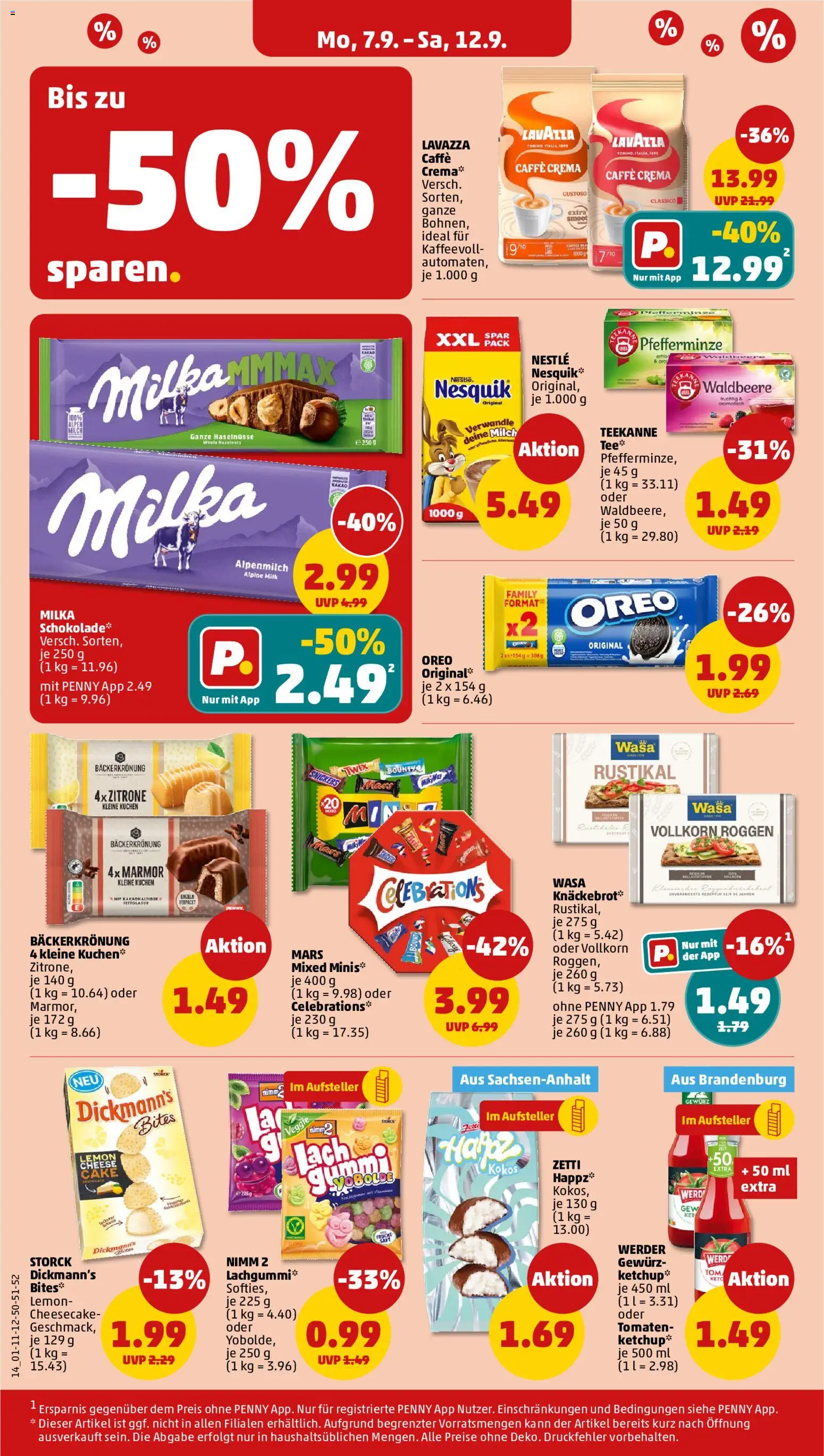Vorschau von dem Prospekt des Geschäftes Penny, gültig ab dem 07.09.2026 - Kuchen, Schokolade, Mars, Teekanne, Snickers, Zitrone, Celebrations, Tomaten