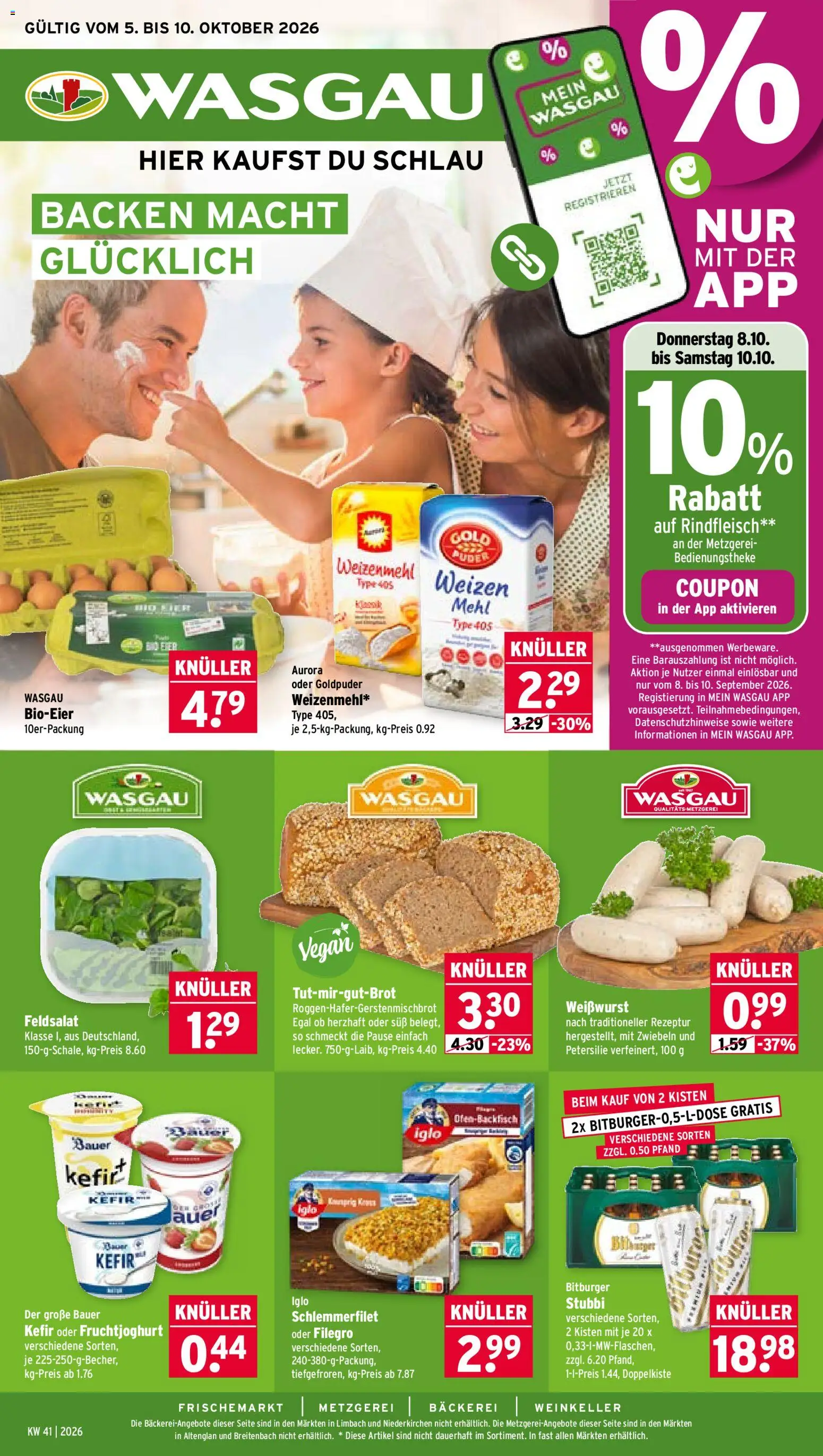 Vorschau von dem Prospekt des Geschäftes Wasgau, gültig ab dem 05.10.2026 - Bäckerei, Kefir, Weißwurst, Rindfleisch, Iglo, Weizenmehl, Zwiebeln, Fruchtjoghurt