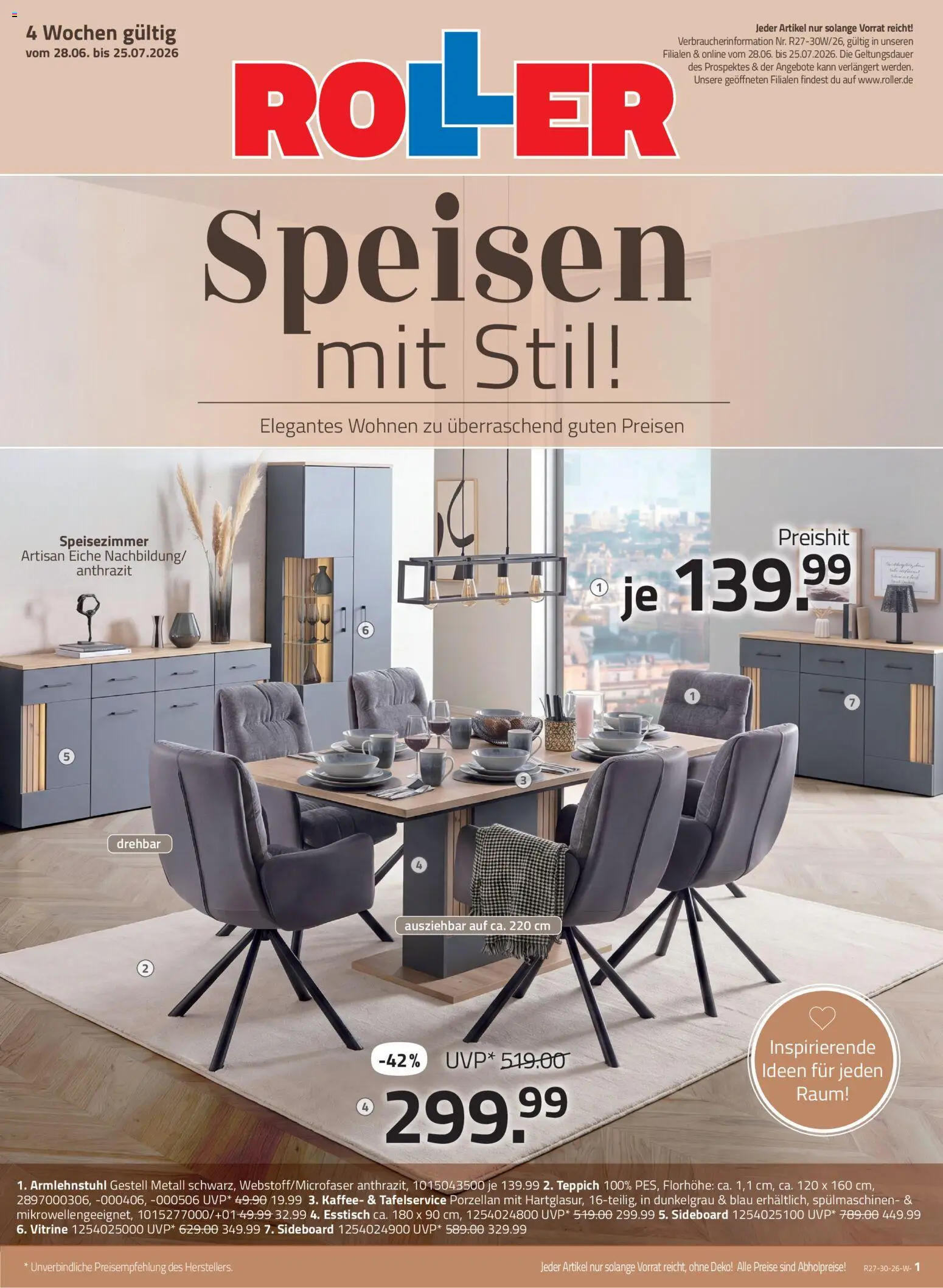 Vorschau von dem Prospekt des Geschäftes Roller, gültig ab dem 28.06.2026 - Kaffee, Teppich, Sideboard, Esstisch, Vitrine