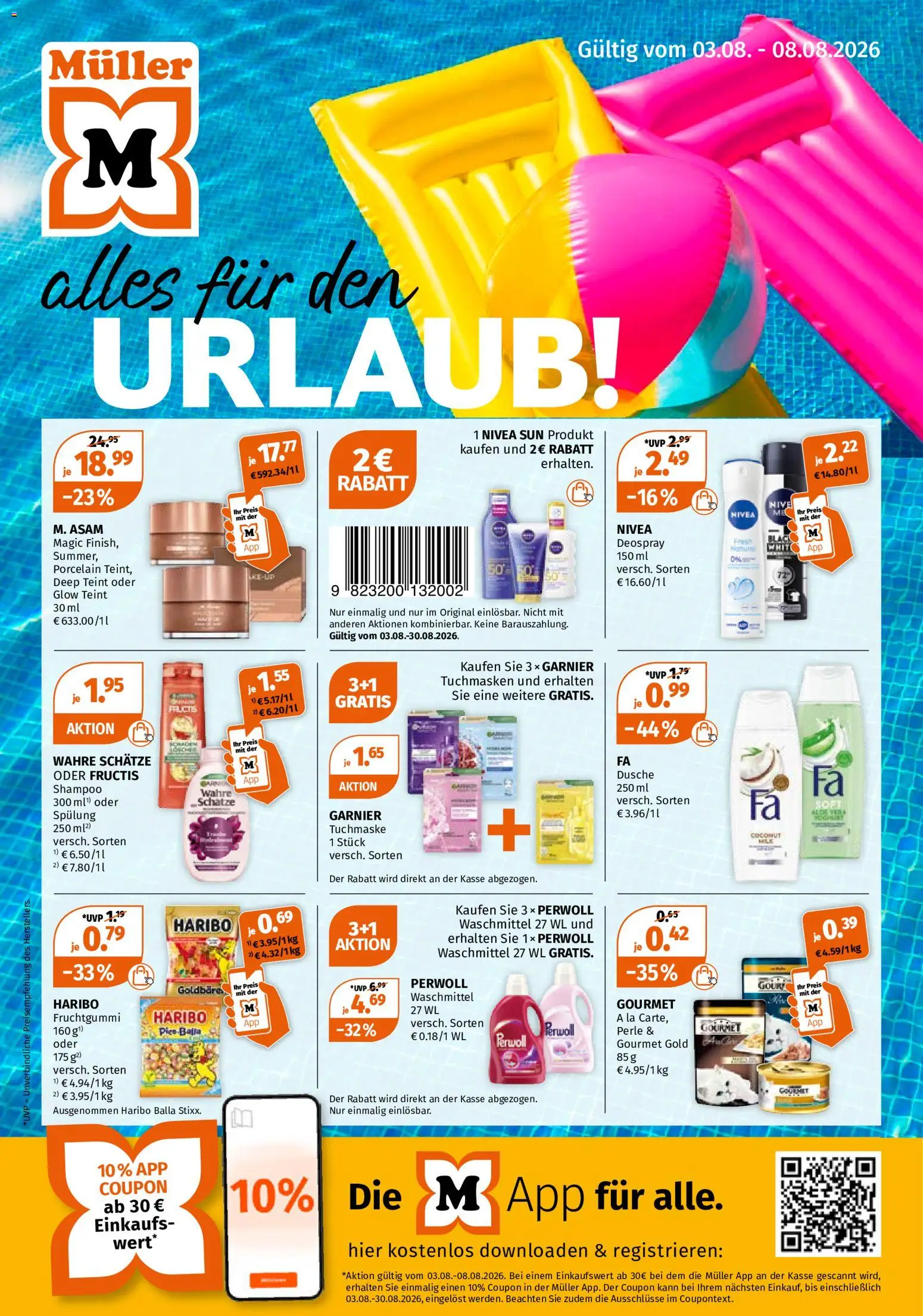 Vorschau von dem Prospekt des Geschäftes Müller, gültig ab dem 03.08.2026 - Haribo, Dusche, Shampoo, Waschmittel, Perwoll, Spülung, Tuchmaske, Deospray