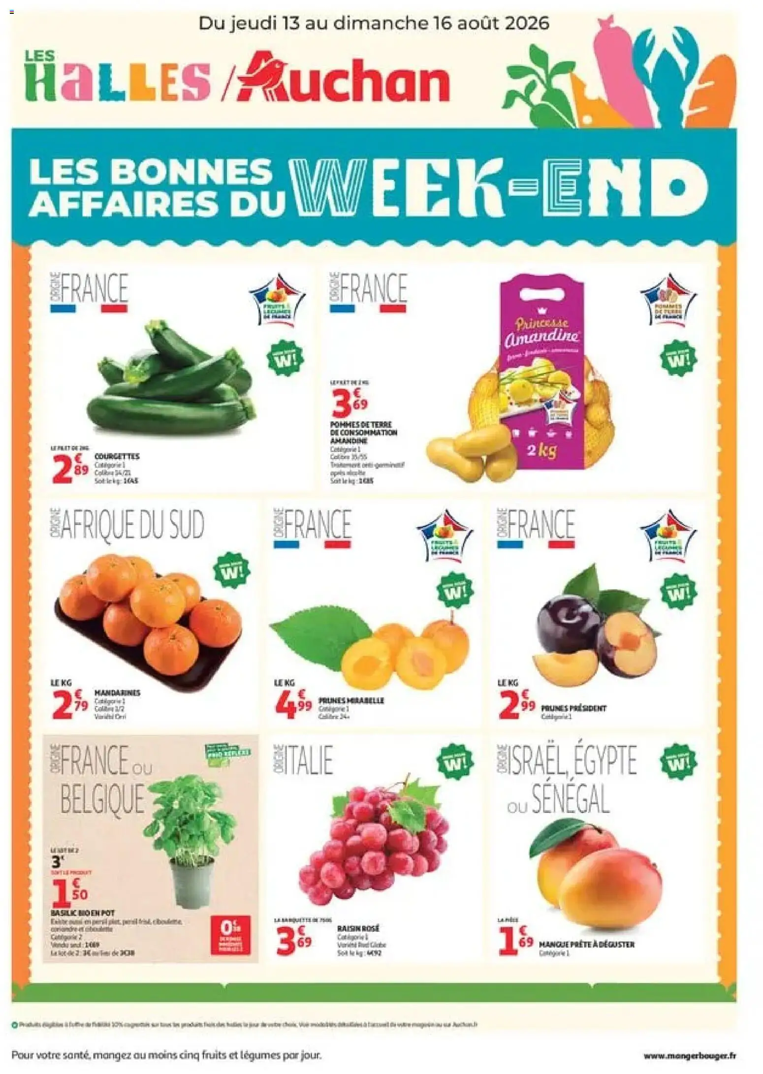 Prévisualisation de Auchan les bons plans du week-end dans votre hyper du magasin Auchan formulaire valide 13/08/2026 - Fruits, Pommes de terre, Mangue, Raisin, Mandarines, Pommes, Prunes