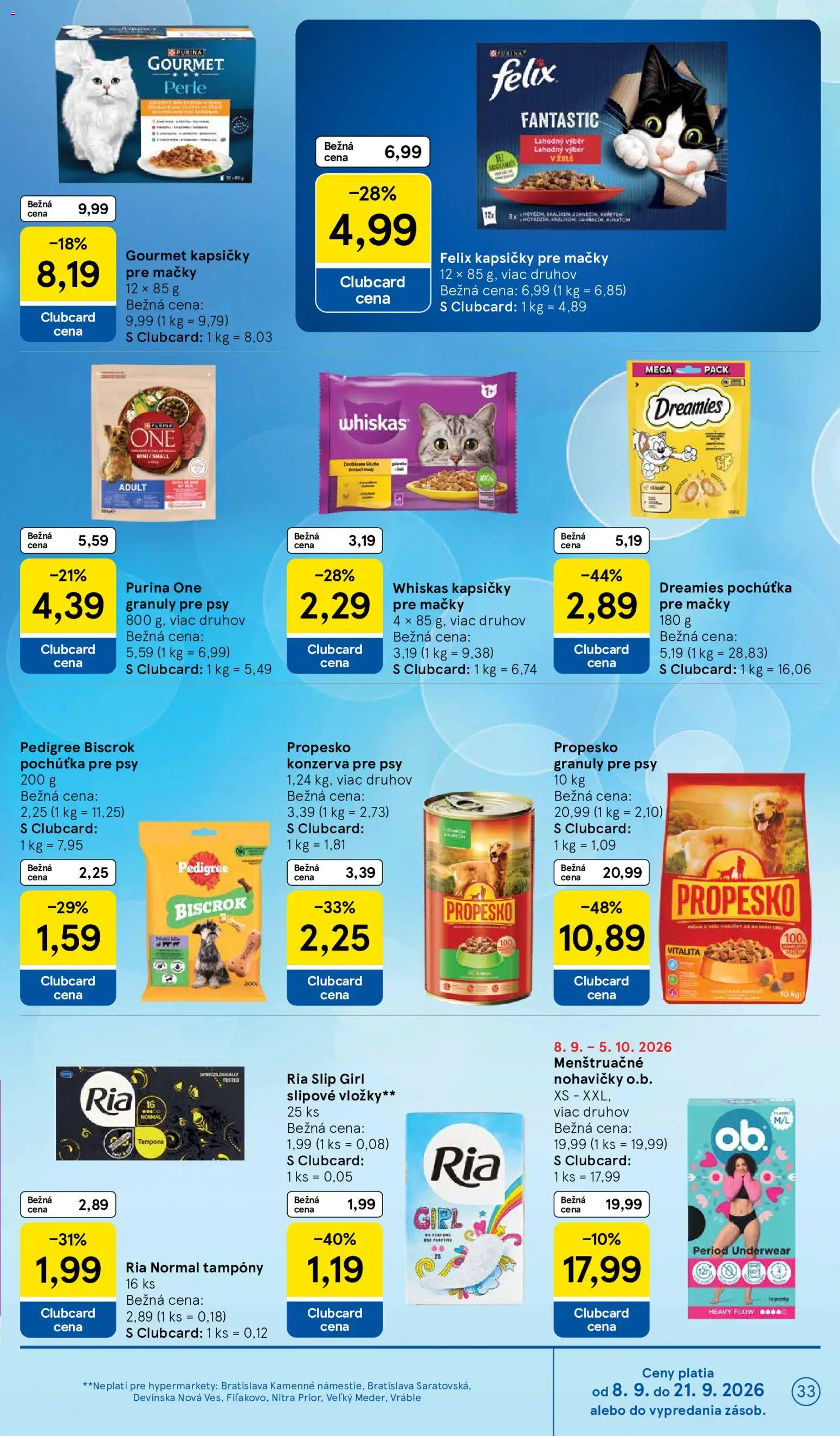 Náhľad Tesco letáku platného od 09.09.2026 - Felix, Nohavičky, Kapsičky pre mačky, Whiskas, Whiskas kapsičky, Kapsičky