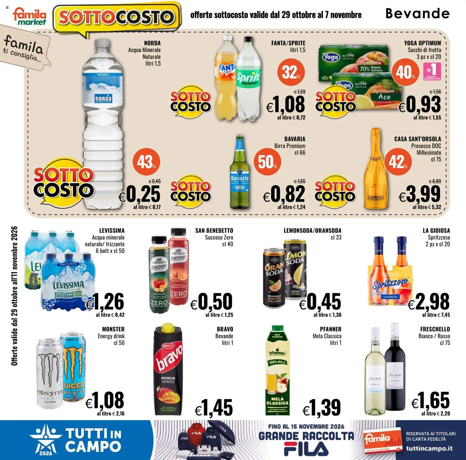 Anteprima dell'opuscolo Famila volantino Market dal negozio Famila valido da 29/10/2026 - Mango, Acqua, Birra, Frutta, Acqua minerale, Arancia, Sprite, Bevande