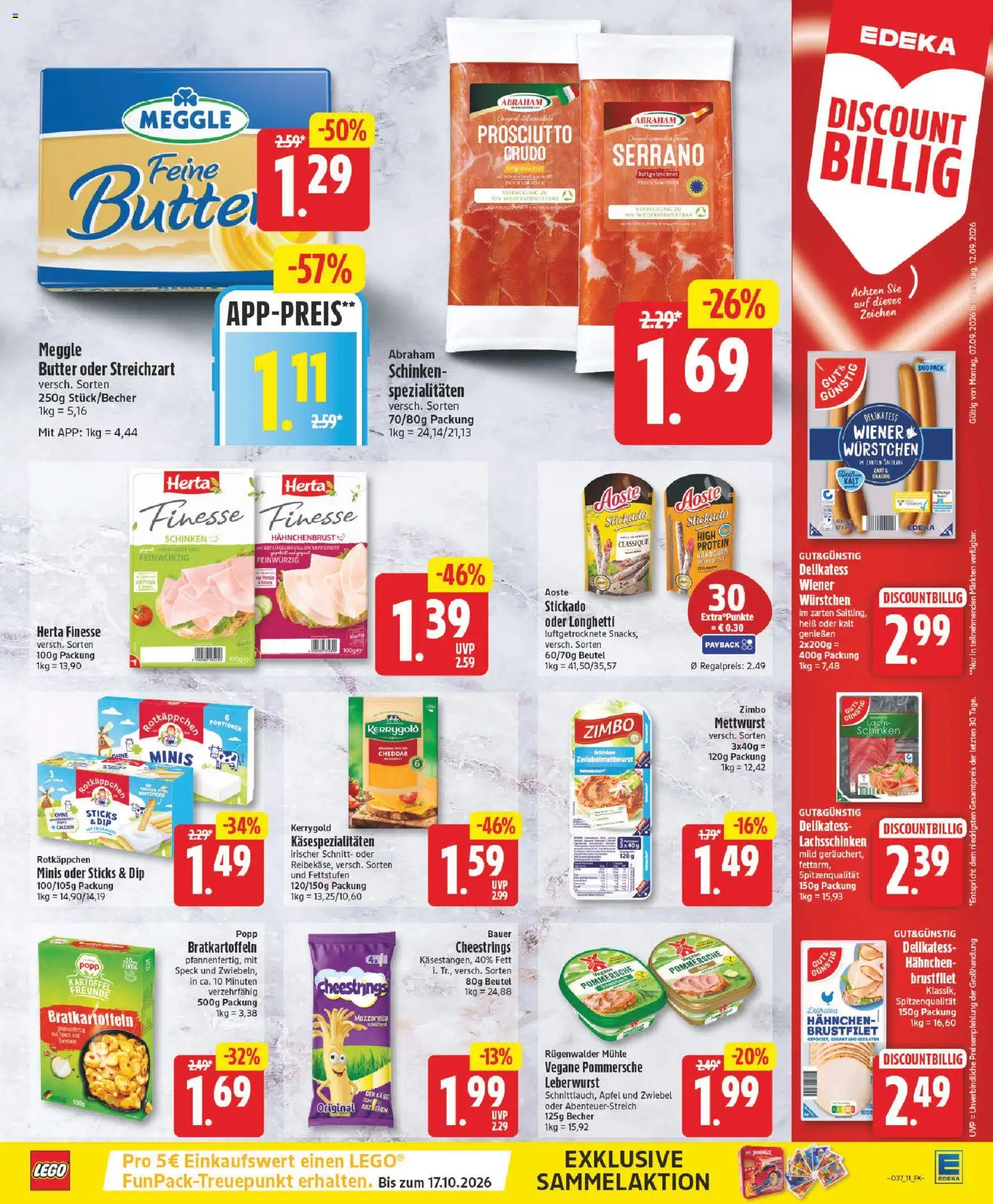 Vorschau von dem Prospekt des Geschäftes Edeka, gültig ab dem 07.09.2026 - Butter, Mozzarella, Lachs, Rotkäppchen, Mühle, Schinken, Herta finesse, Hahnchen