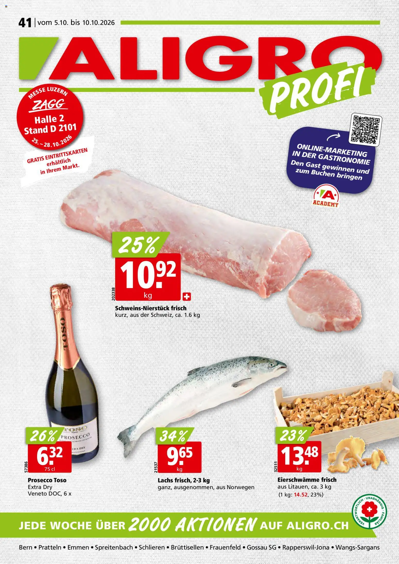 Vorschau des Merkblatts Aligro aktionen Schlieren, Gossau SG, Frauenfeld, Rapperswil-Jona, Sargans, Bern vom Shop Aligro gültig von 05.10.2026 bis 10.10.2026 - Prosecco, Lachs