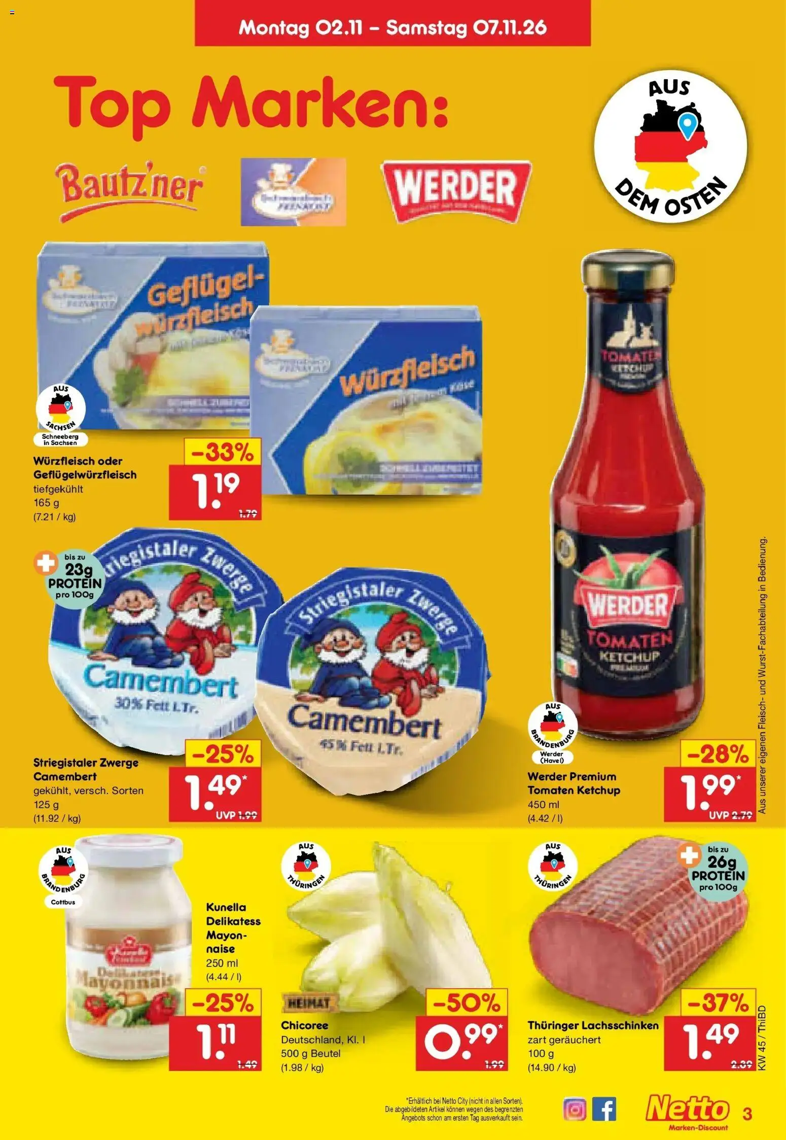 Vorschau von dem Prospekt des Geschäftes Netto Marken-Discount, gültig ab dem 02.11.2026 - Top, Fleisch, Camembert, Tomaten, Ketchup
